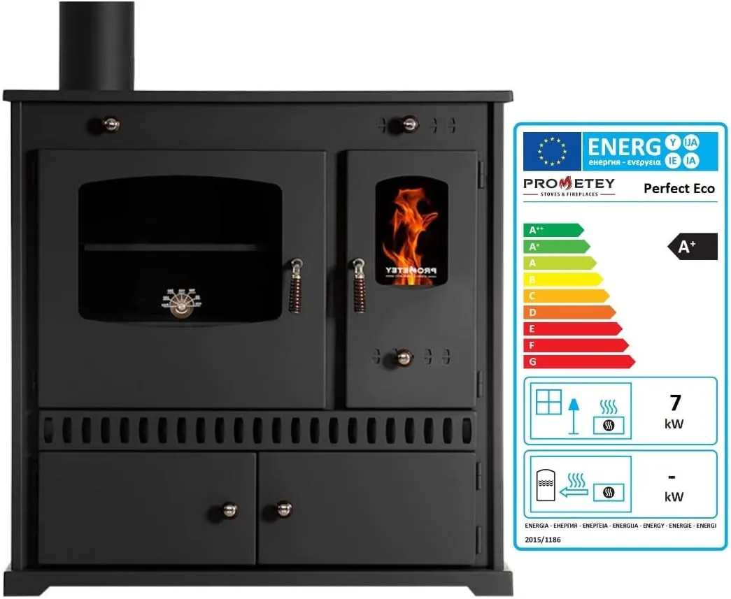 Bild von Prometey Kaminofen EEK A+ mit Backfach und Herdplatte in Schwarz, 7 kW, für Garten und Werkstatt