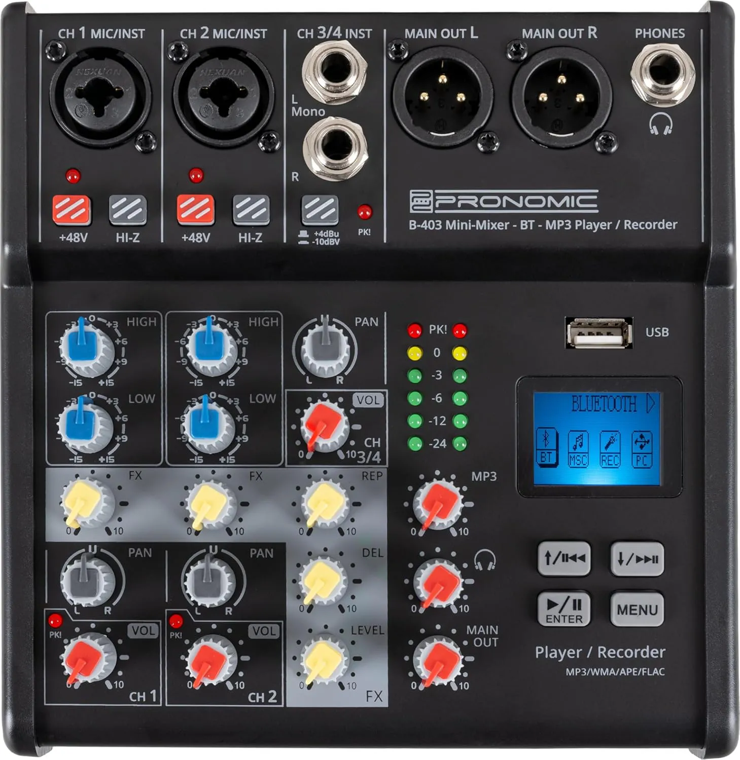 Bild von Pronomic B-403 Mini-Mixer mit Bluetooth und USB-Recording, kompakter 4-Kanal Mixer mit Combobuchsen und XLR-Ausgängen in Schwarz