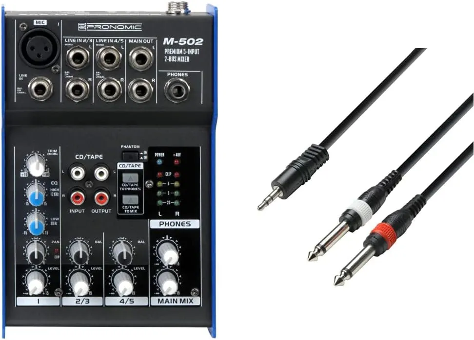 Bild von Pronomic M-502 Mischpult mit 1 Mono-Kanal und 2 Stereo-Kanälen sowie 48V Phantomspeisung und K3 YWPP 0100 Audiokabel 3,5 mm auf 2 x 6,3 mm mono, 1 m