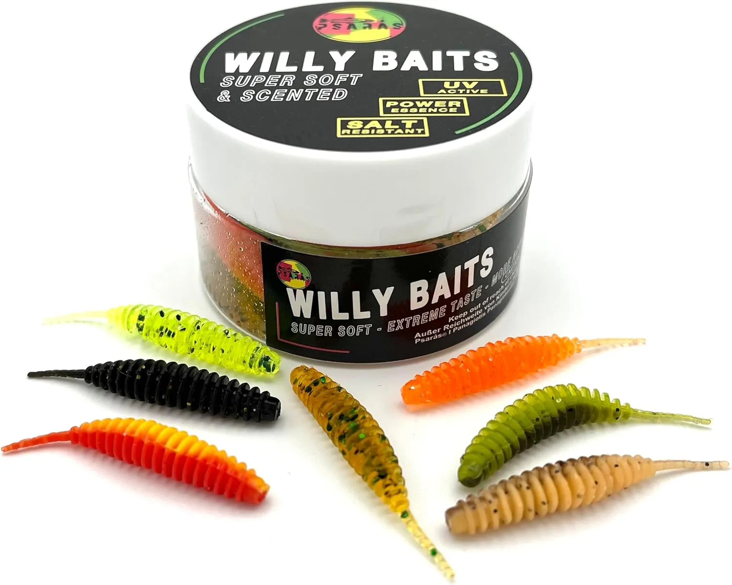 Bild von Psarás Willy Baits Softbaits mit Knobi Aroma in einer 20 Stück Box für Forellenfischen, 38 mm