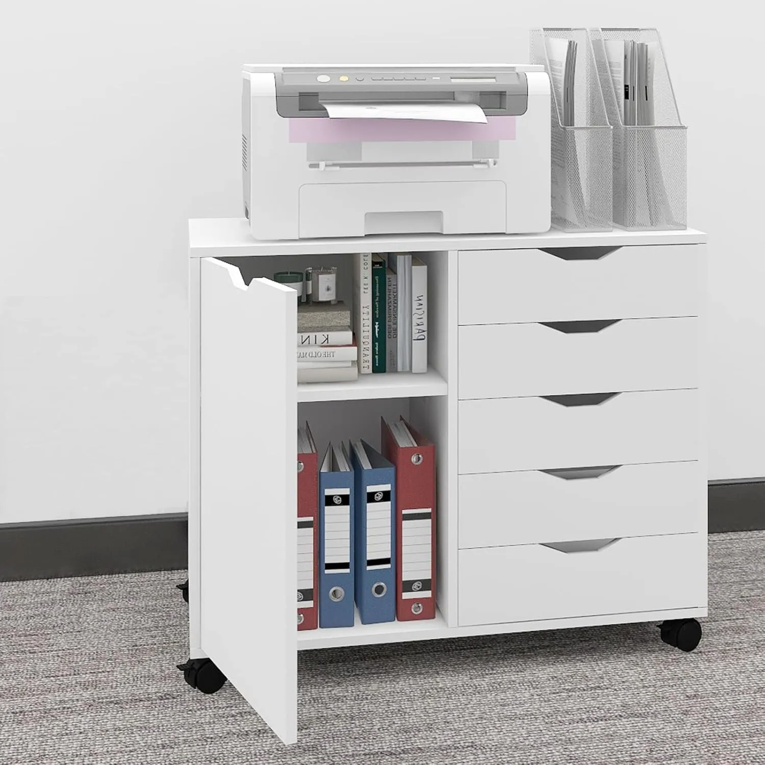 Bild von PUNCIA Rollcontainer aus Holz mit 5 Schubladen und Tür, 78x40x60cm, in Weiß, ideal für Büro und Zuhause