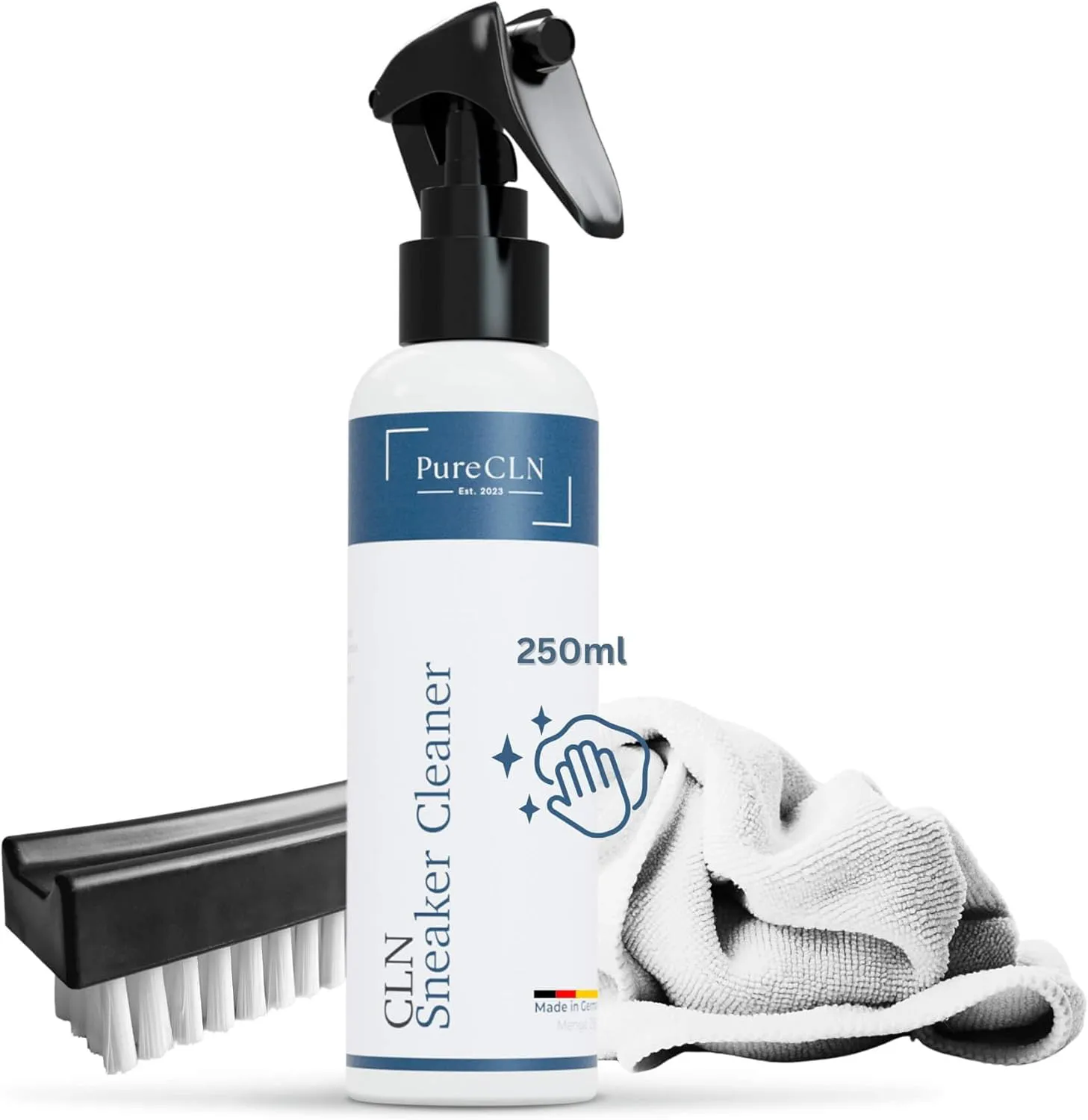 Bild von PureCLN Professional Sneaker Cleaner Set mit 250ml Reiniger, Mikrofasertuch und weicher Bürste, geeignet für alle Schuhtypen und Materialien, Made in Germany