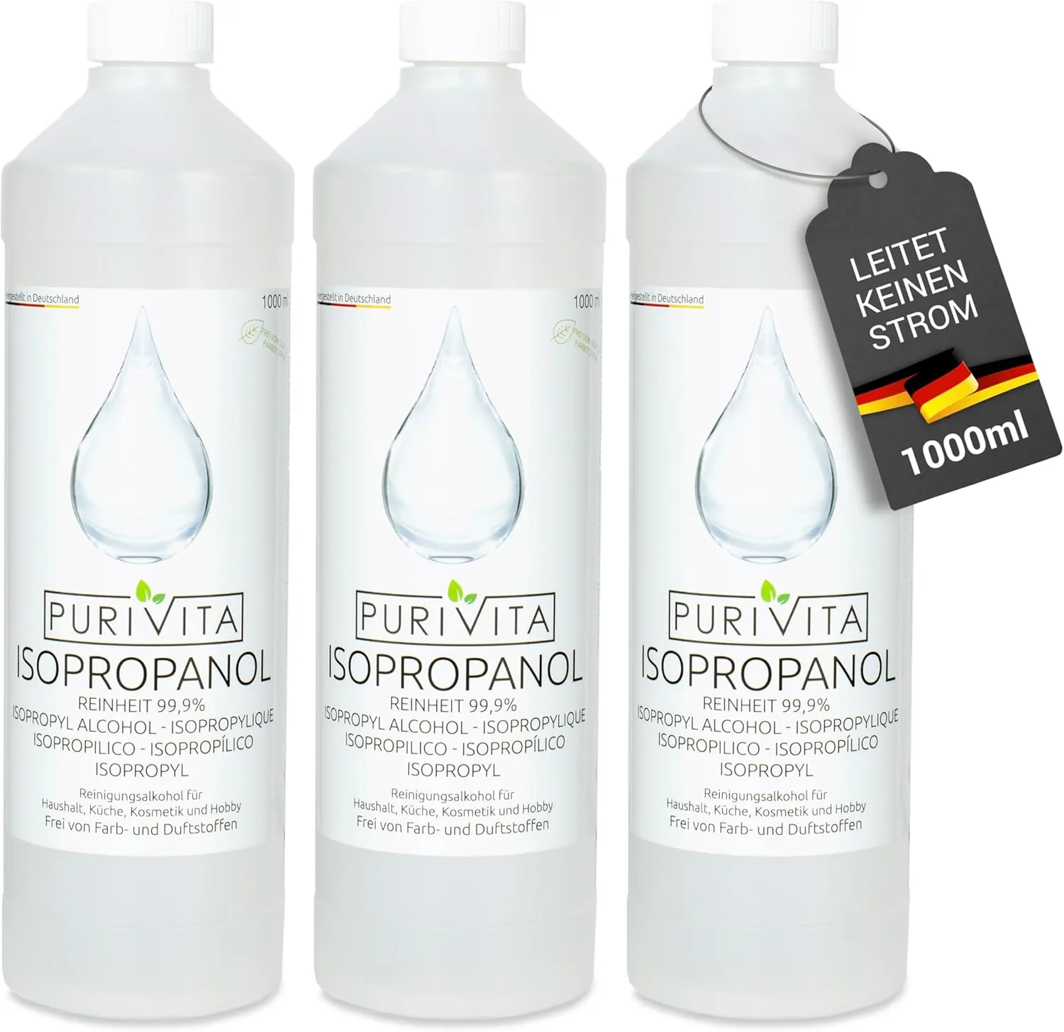 Bild von PURIVITA Isopropanol Reinigungsalkohol mit 99,9% Reinigungskraft im 3er Pack à 1 Liter, rückstandsfrei und nicht leitend, ideal für Haushalt, Industrie und Elektronik