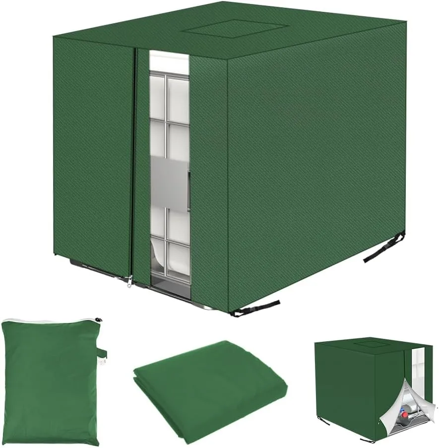 Bild von QINERSAW IBC Tank Abdeckung mit PVC Sichtfenster in Grün, geeignet für Tanks bis 1000 Liter, Maße 120x100x116 cm