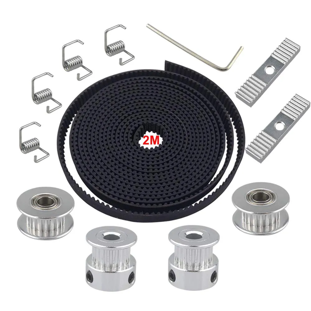 Bild von QitinDasen GT2 Zahnriemen Set mit 2 Metern Länge, 2 Zahnriemenscheiben, 2 Idler mit 20 Zähnen, 4 Spannfedern, 2 Zahnriemenklemmen und einem 2 mm Inbusschlüssel