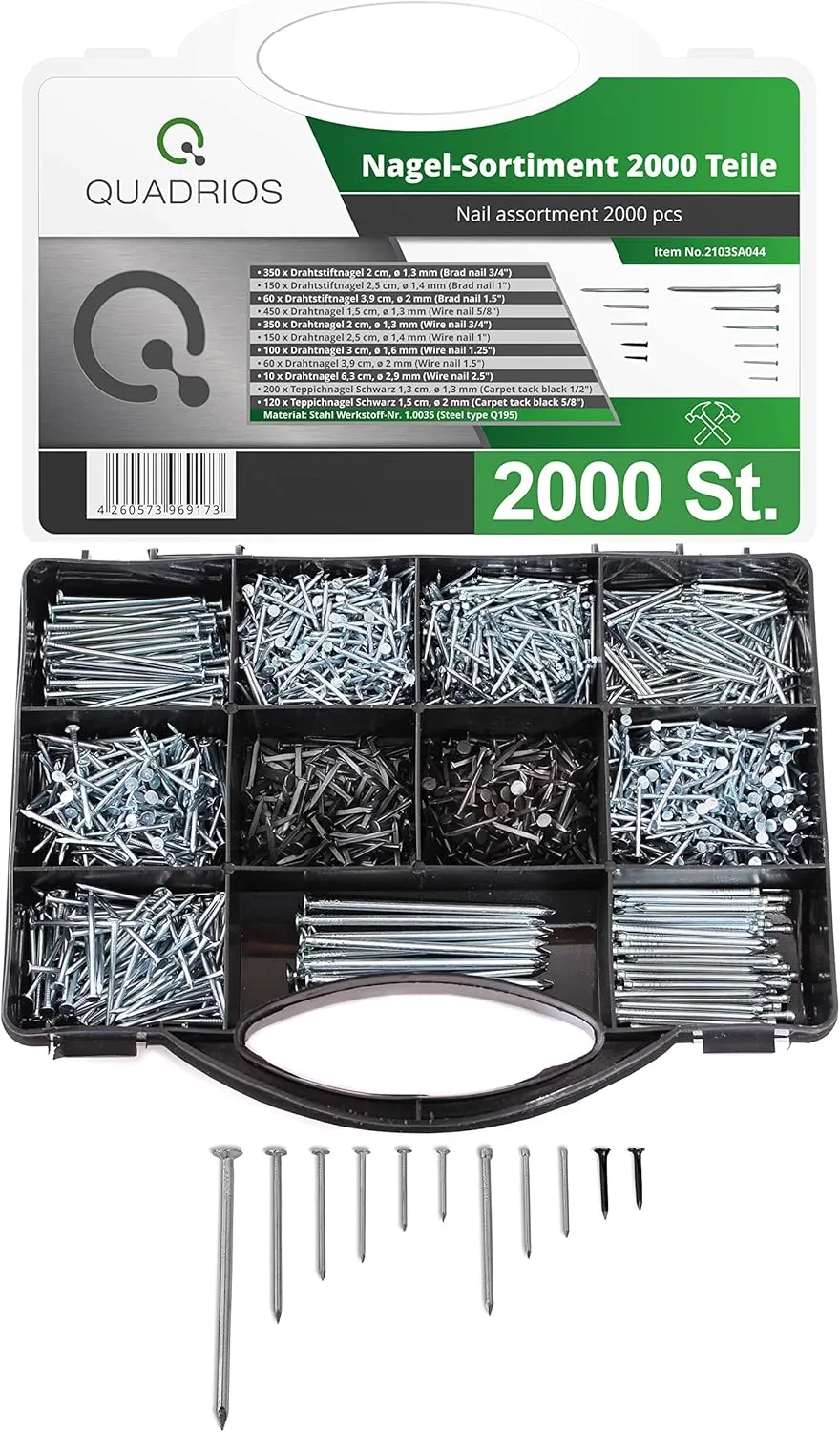 Bild von QUADRIOS Stahlnagel Sortiment mit 2000 Teilen in einem Koffer, inklusive Teppichnägel, Drahtnägel, Stiftnägel und Leistenstifte in Silber und Schwarz