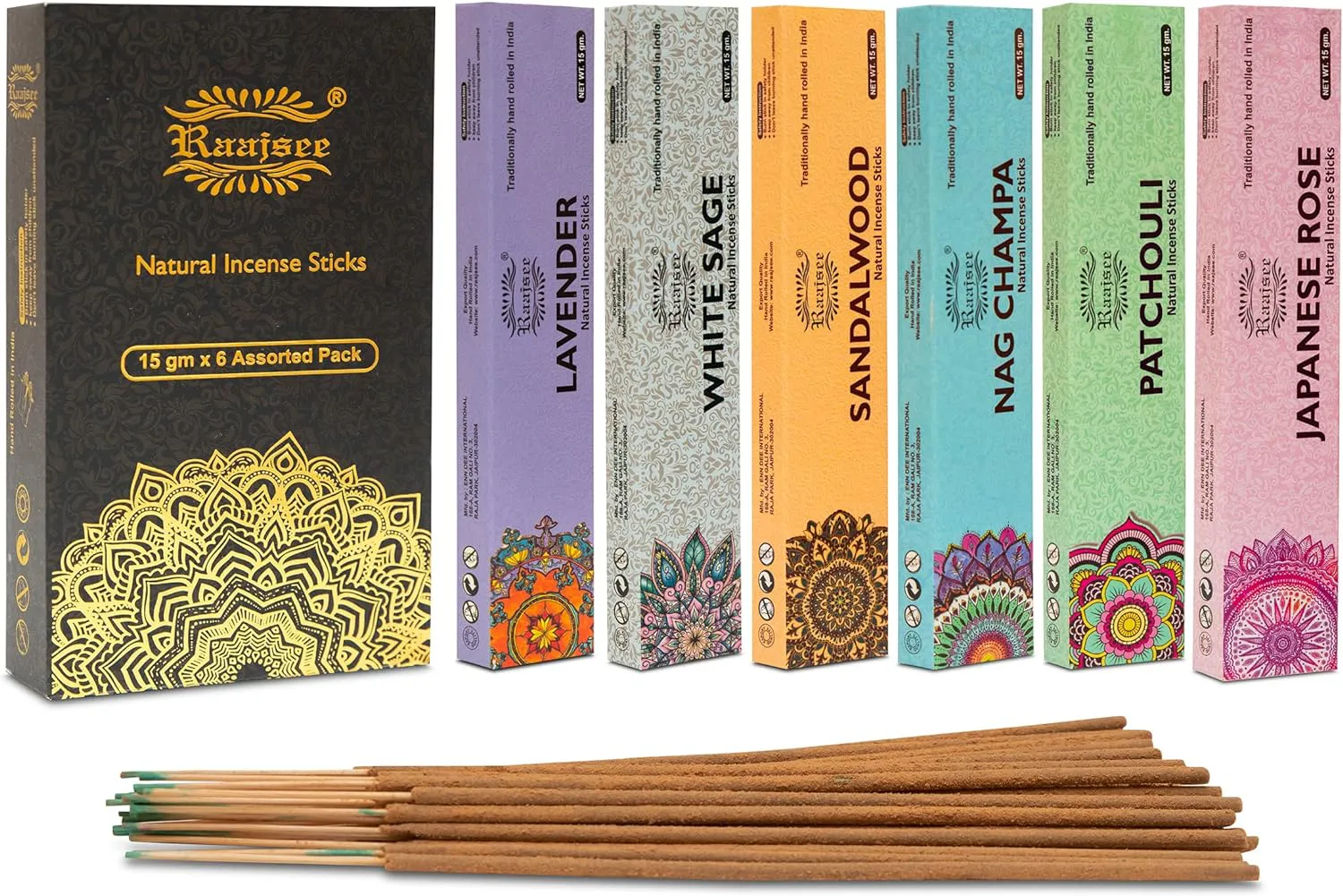 Bild von raajsee 6er-Pack Bio-Räucherstäbchen handgerollt je 15 Gramm, chemiefrei für Aromatherapie, Meditation und Entspannung