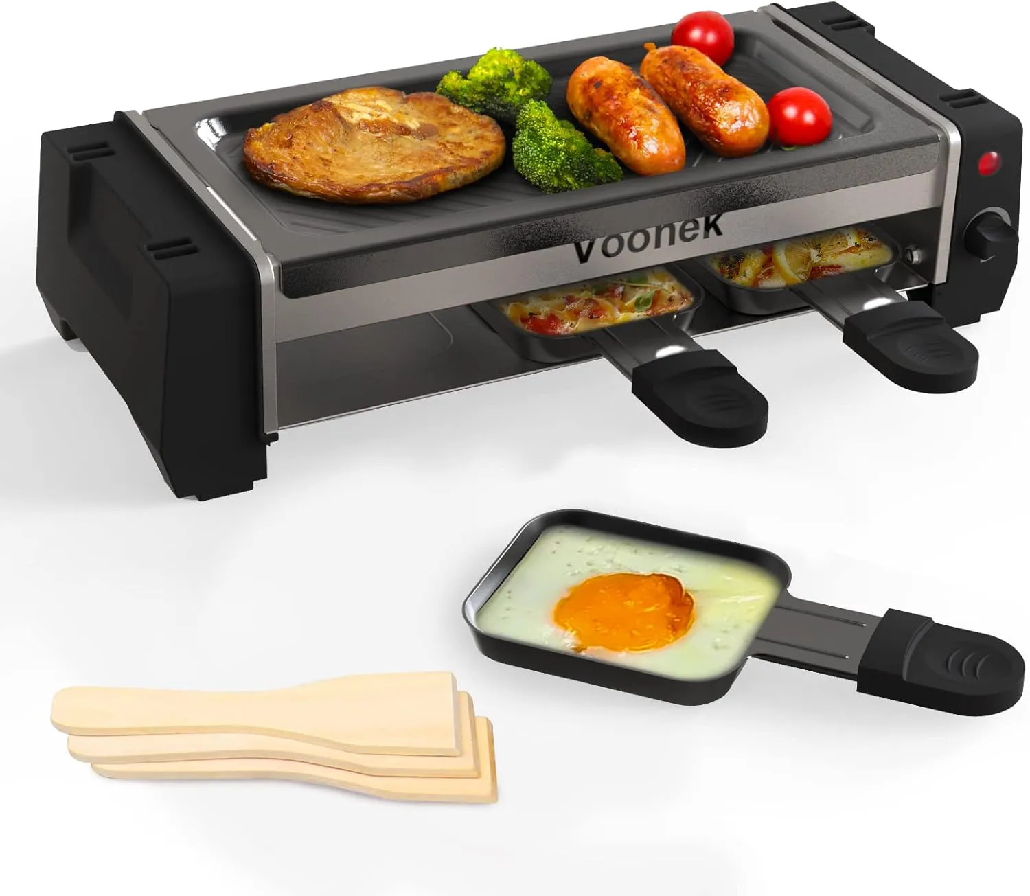 Bild von Raclette Grill für 2 Personen mit 3 Pfännchen und Holzspateln, 700 Watt, elektrisch und antihaftbeschichtet, in Schwarz