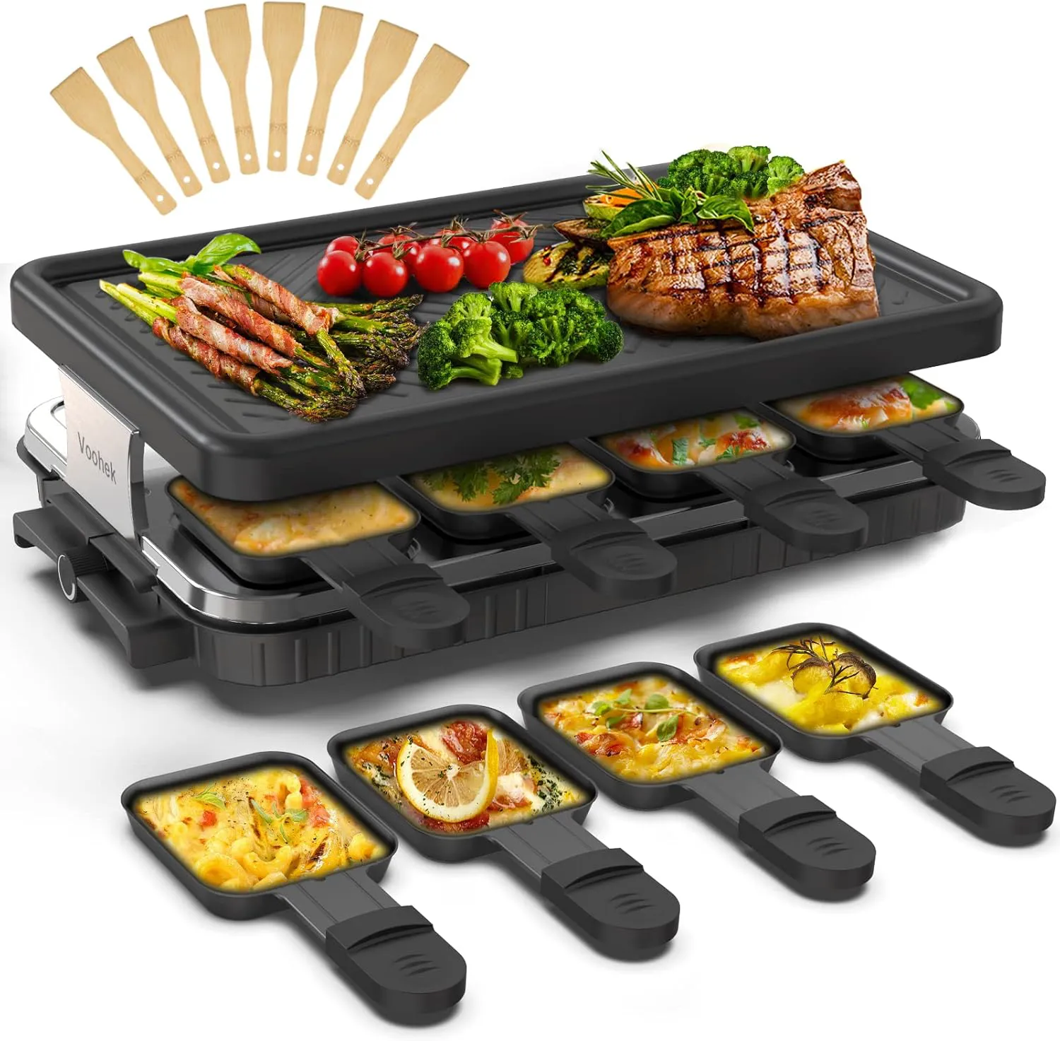 Bild von Raclette Grill für 8 Personen mit 8 Pfännchen und Holzspateln, 1300 Watt, regulierbare Temperatur, antihaftbeschichtet, in Schwarz