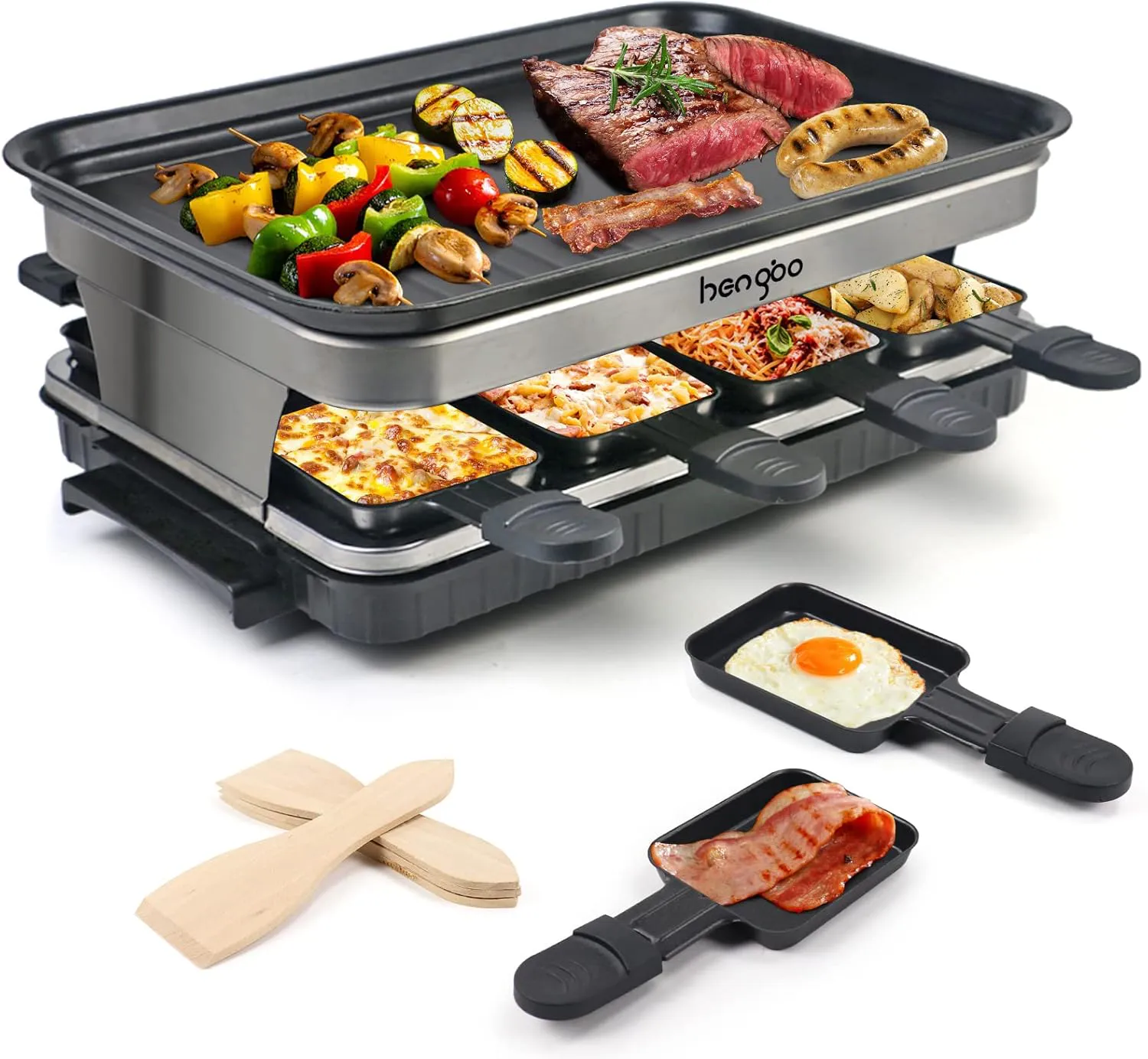 Bild von Raclette Grill für 8 Personen mit antihaftbeschichteter Grillplatte, 8 Mini Pfännchen, 4 Holzspateln und stufenlos regulierbarer Temperatur, 1500 Watt aus Edelstahl