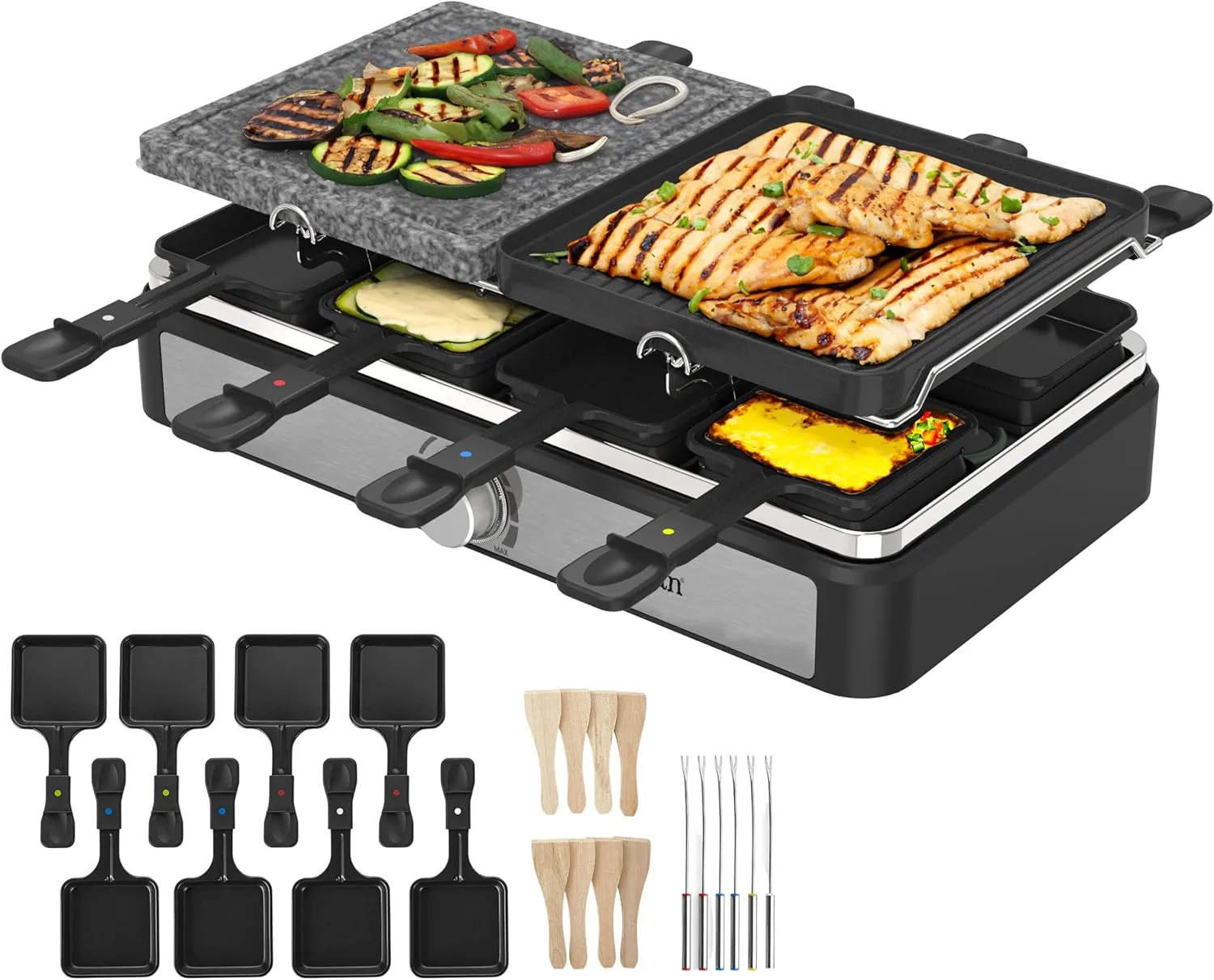Bild von Raclette Grill für 8 Personen mit Naturstein- und beschichteter Grillplatte und 1400 Watt Edelstahlheizelement