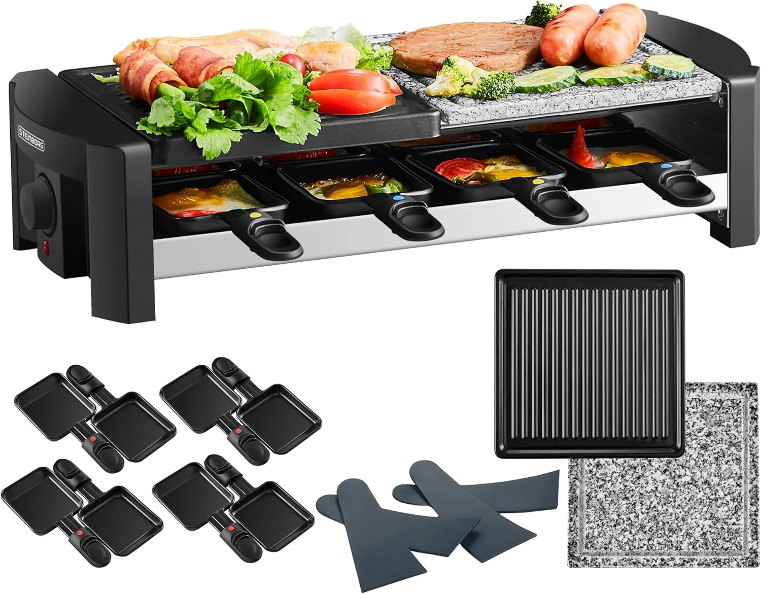 Bild von Raclette Grill für 8 Personen mit Naturstein und beschichteter Grillplatte, 1300 Watt
