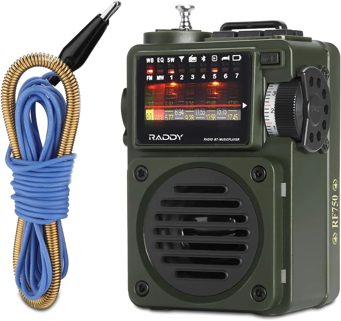 Bild von Raddy RF750 Tragbares Kurzwellenradio mit Bluetooth und TF-Karten Musikplayer, wiederaufladbar und batteriebetrieben, mit 6 EQ-Modi und externer Antenne