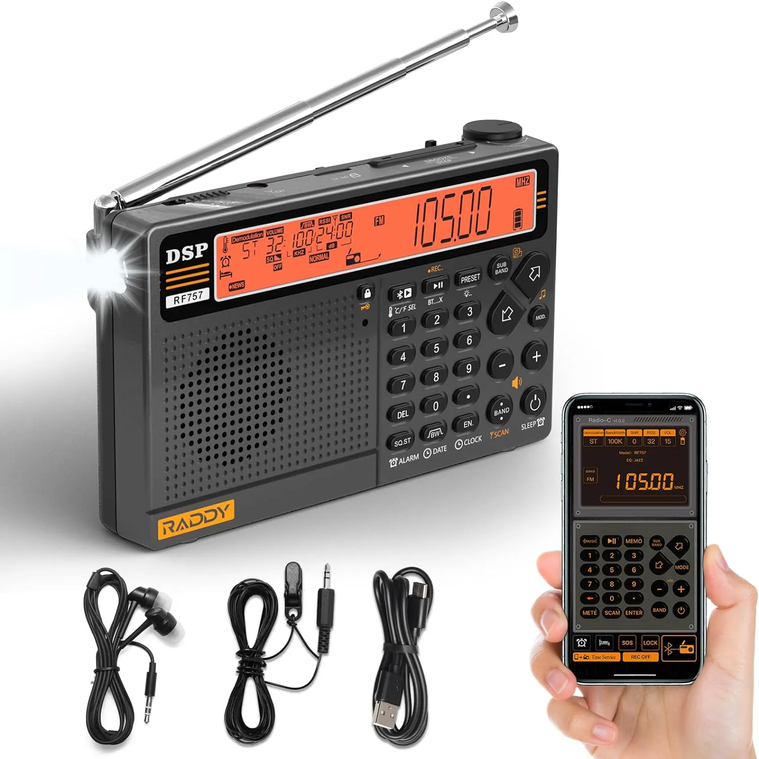 Bild von Raddy RF757 Tragbares Kurzwellenradio mit APP Steuerung, 2500mAh Akku, 1000 Voreinstellungen und SOS-Alarm