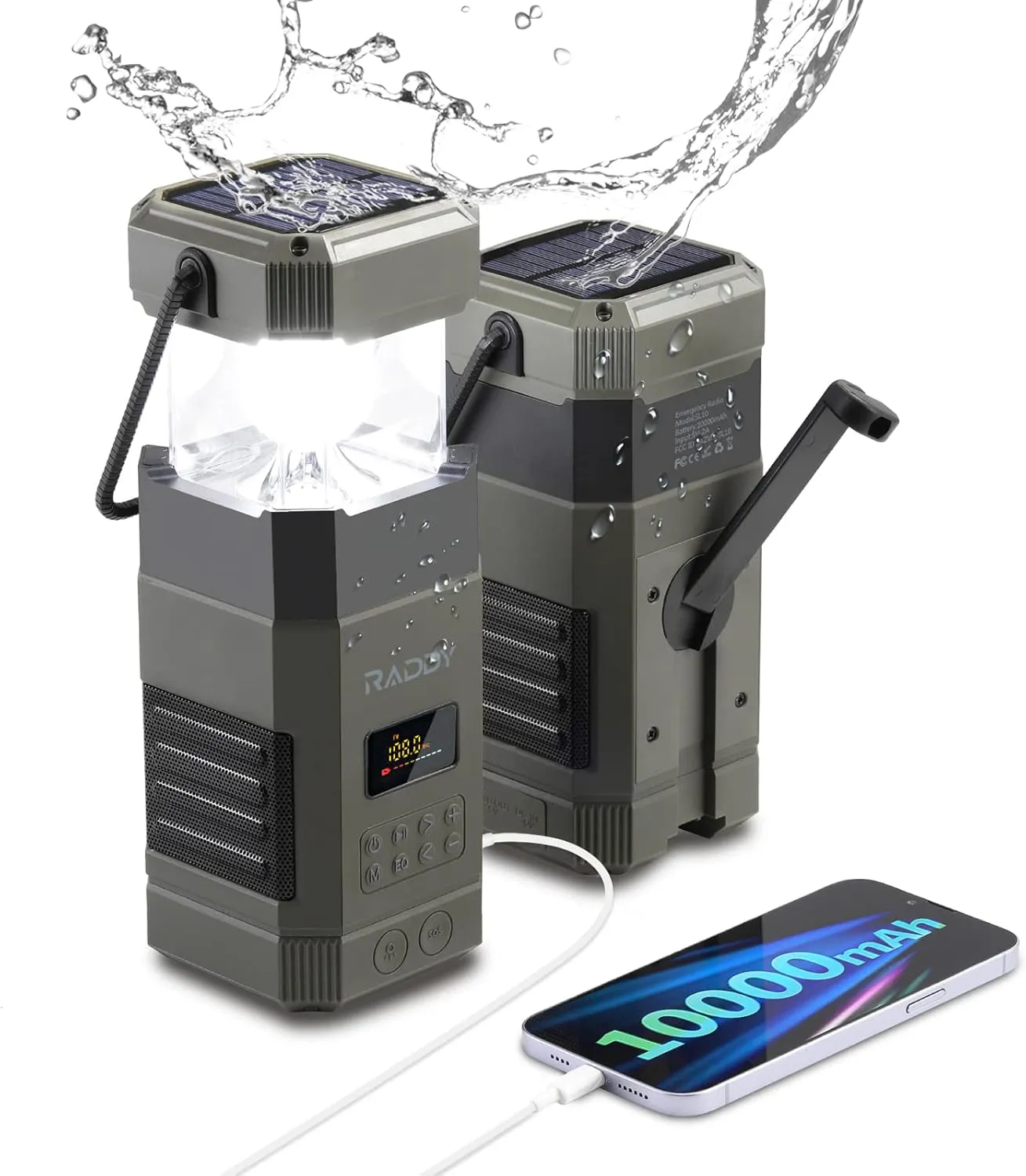 Bild von Raddy SL10 tragbares Kurbelradio mit 10.000 mAh, wasserdichter Campinglaterne, Bluetooth Lautsprecher, AM FM Empfang, Handkurbel Dynamo, Taschenlampe und SOS-Alarm für Outdoor-Aktivitäten