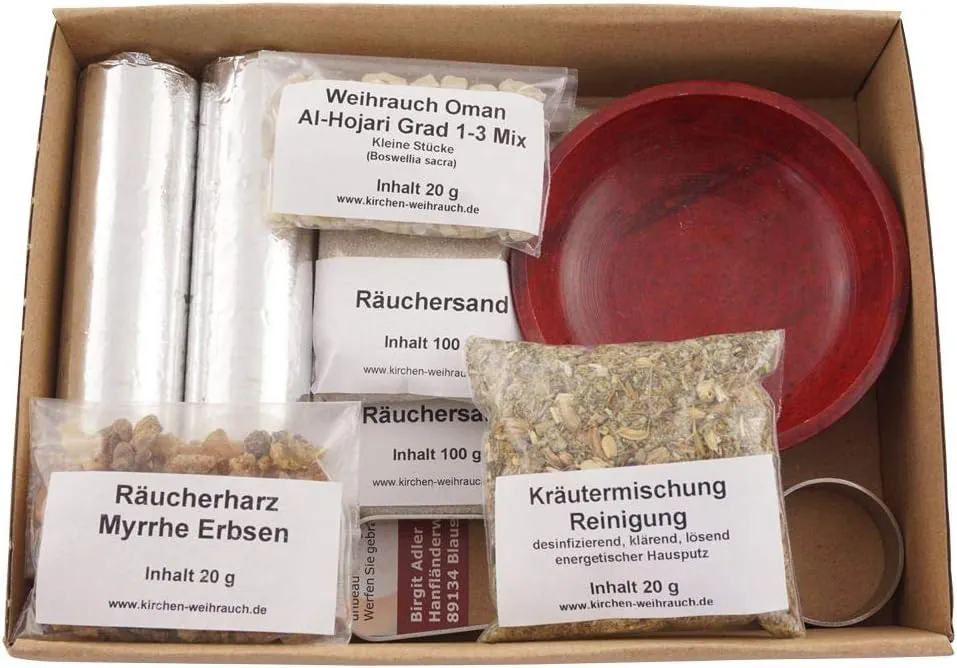 Bild von Räucher Set Hausreinigung mit 9 Teilen inklusive Kräuter-Mischung, Weihrauch, Myrrhe, Räucherschale und Zubehör im Geschenkkarton