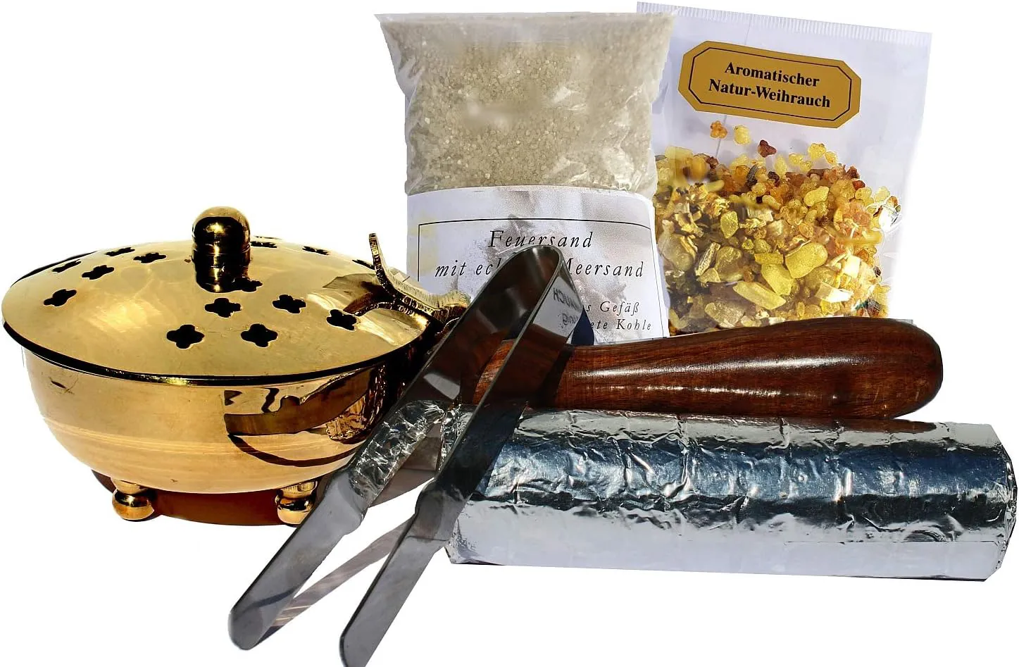 Bild von Räucherpfanne Set mit 5 Teilen für Weihrauch und Harze in Gold und Messing