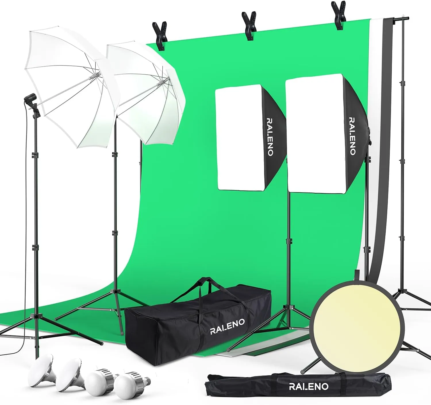 Bild von RALENO Fotostudio Set mit 2,6m x 3m Greenscreen Hintergrund und Softbox Beleuchtung mit 50W und 45W LED Lampen für Produkt- und Porträtfotografie