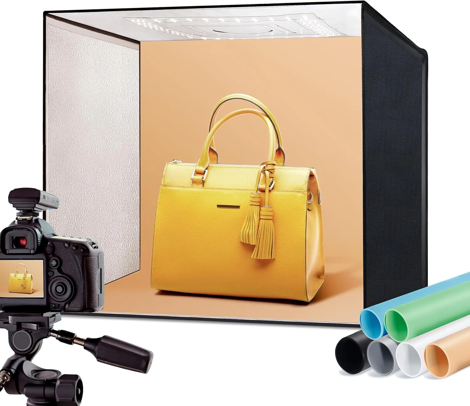 Bild von RALENO Fotostudio Set mit 50x50 cm Lichtbox und 4500 lm LED Beleuchtung, inkl. 6 farbigen Hintergründen für Produktfotografie