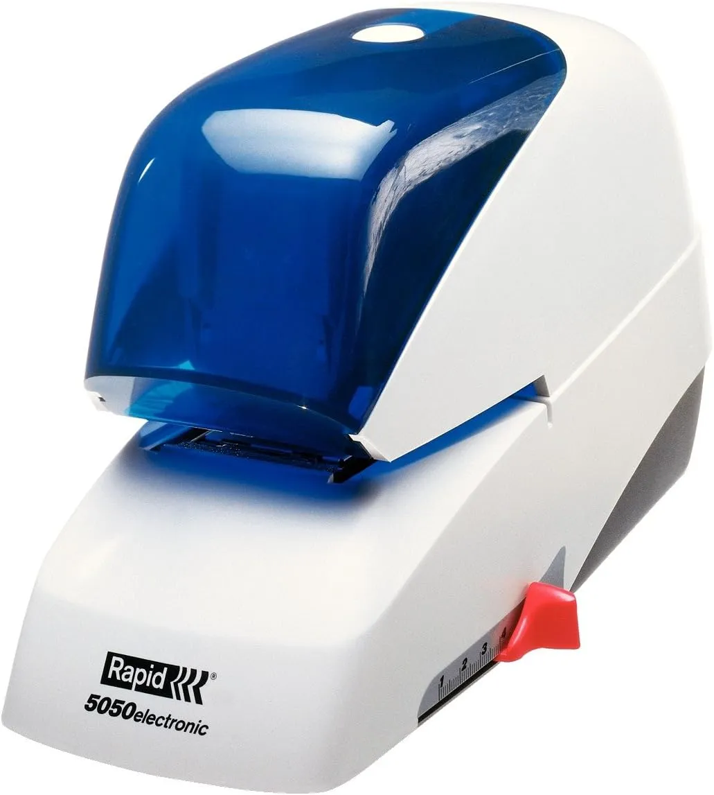 Bild von Rapid 5050e Elektro-Flachheftgerät in Weiß und Blau mit einer Kapazität von 50 Blatt und einer Kassette mit 5000 Klammern