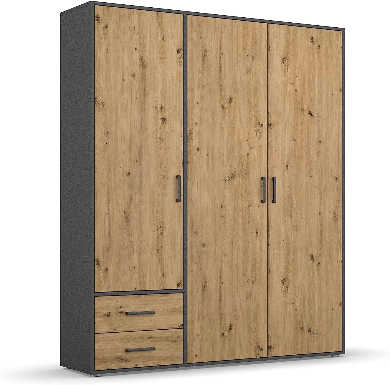 Bild von Rauch Voyager 3-türiger Kleiderschrank in Eiche Artisan und Grau metallic mit 2 Schubladen, 1 Kleiderstange und 3 Einlegeböden, Maße 140x194x53 cm