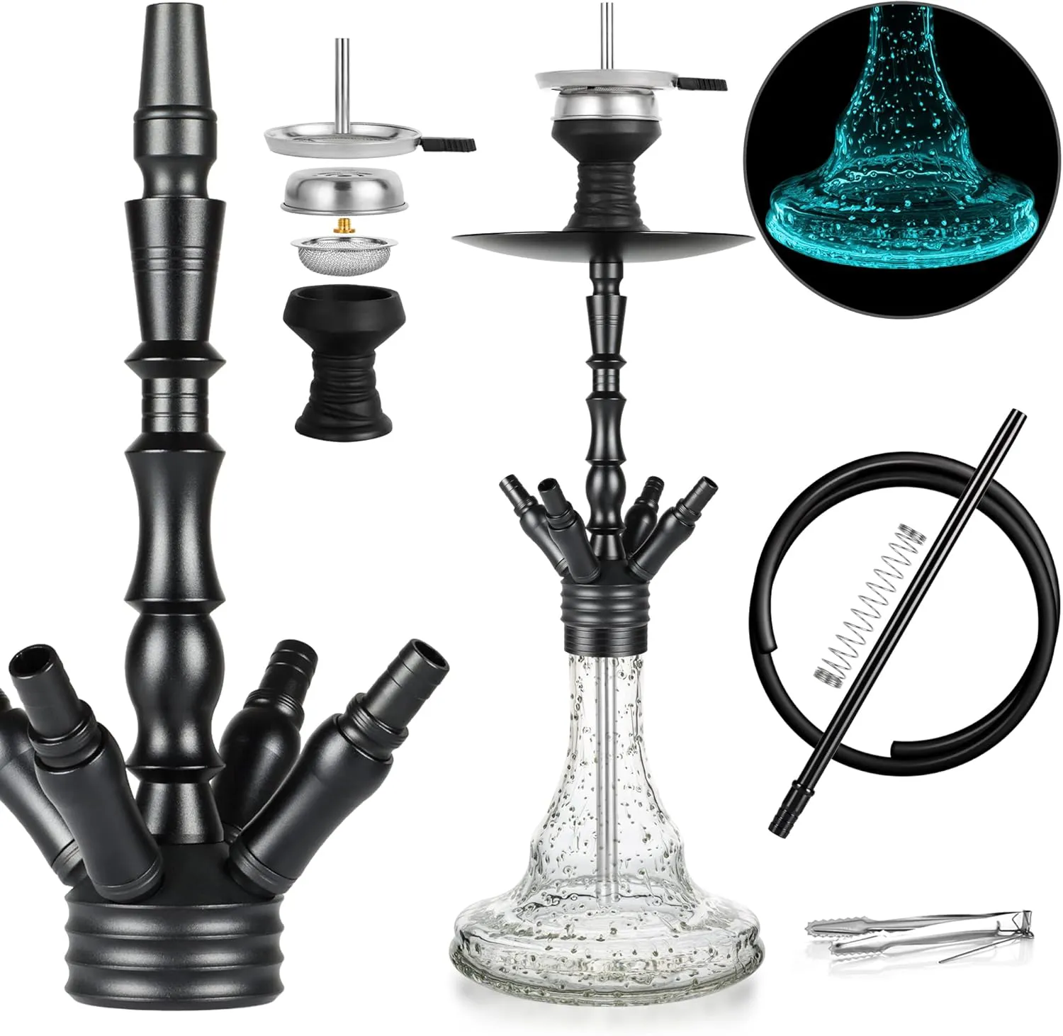 Bild von REANICE 24 Zoll Shisha Set in Schwarz mit einem Anschluss und Silikonschlauch
