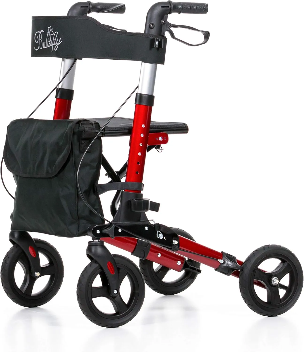 Bild von REHASHOP Leichtgewichtrollator Butterfly in Rot mit Softbereifung und Stockhalter, faltbar und leicht