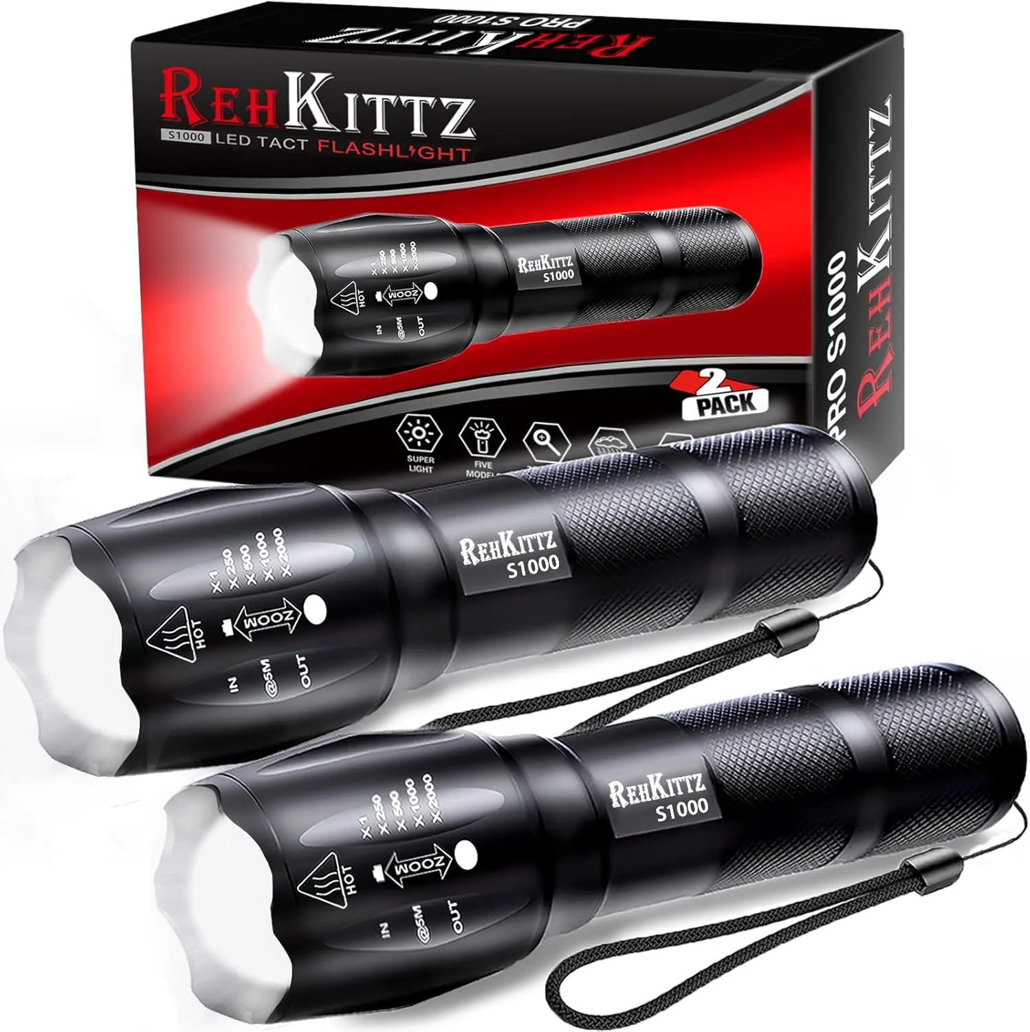 Bild von REHKITTZ 2er Set Taschenlampen mit 2000 Lumen, 5 Lichtmodi und Zoom, ideal für Outdoor-Aktivitäten