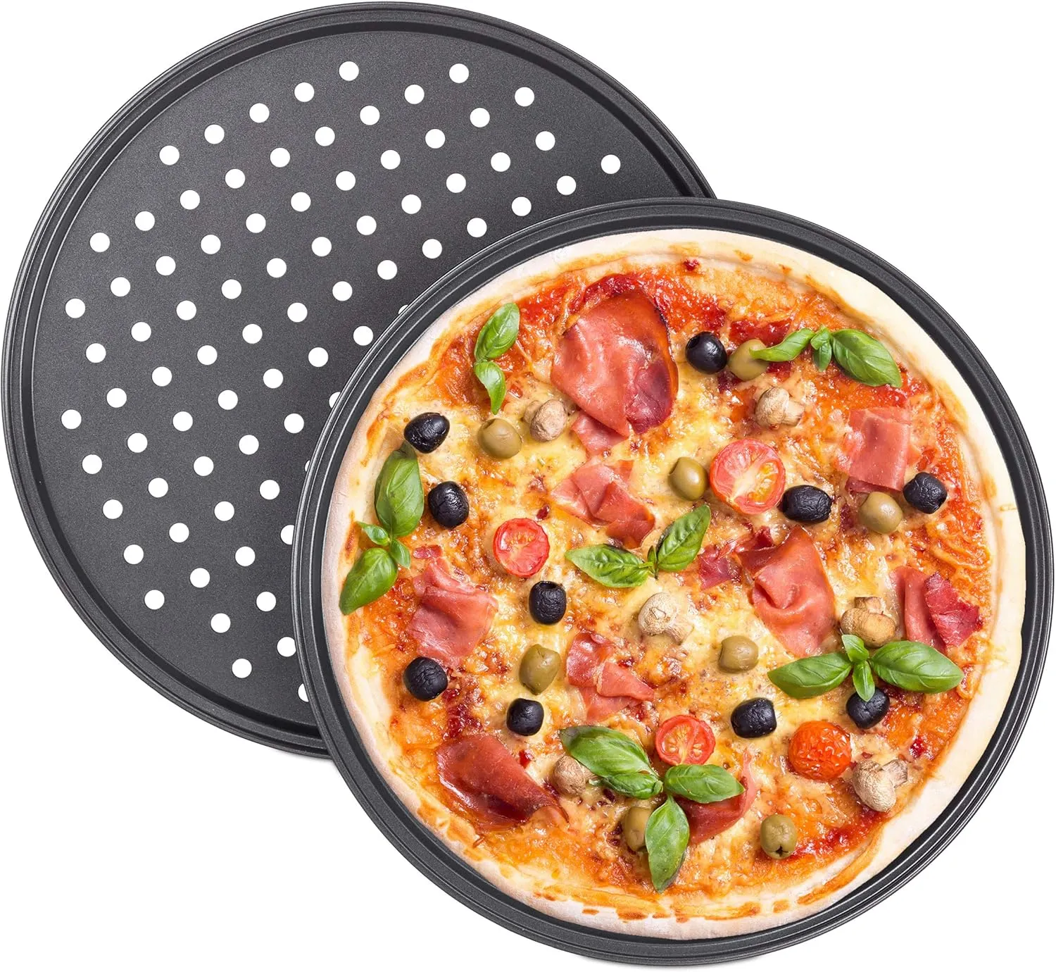 Bild von Relaxdays 2er Set Pizzableche aus Carbonstahl, rund und gelocht, mit einem Durchmesser von 32 cm in grau anthrazit