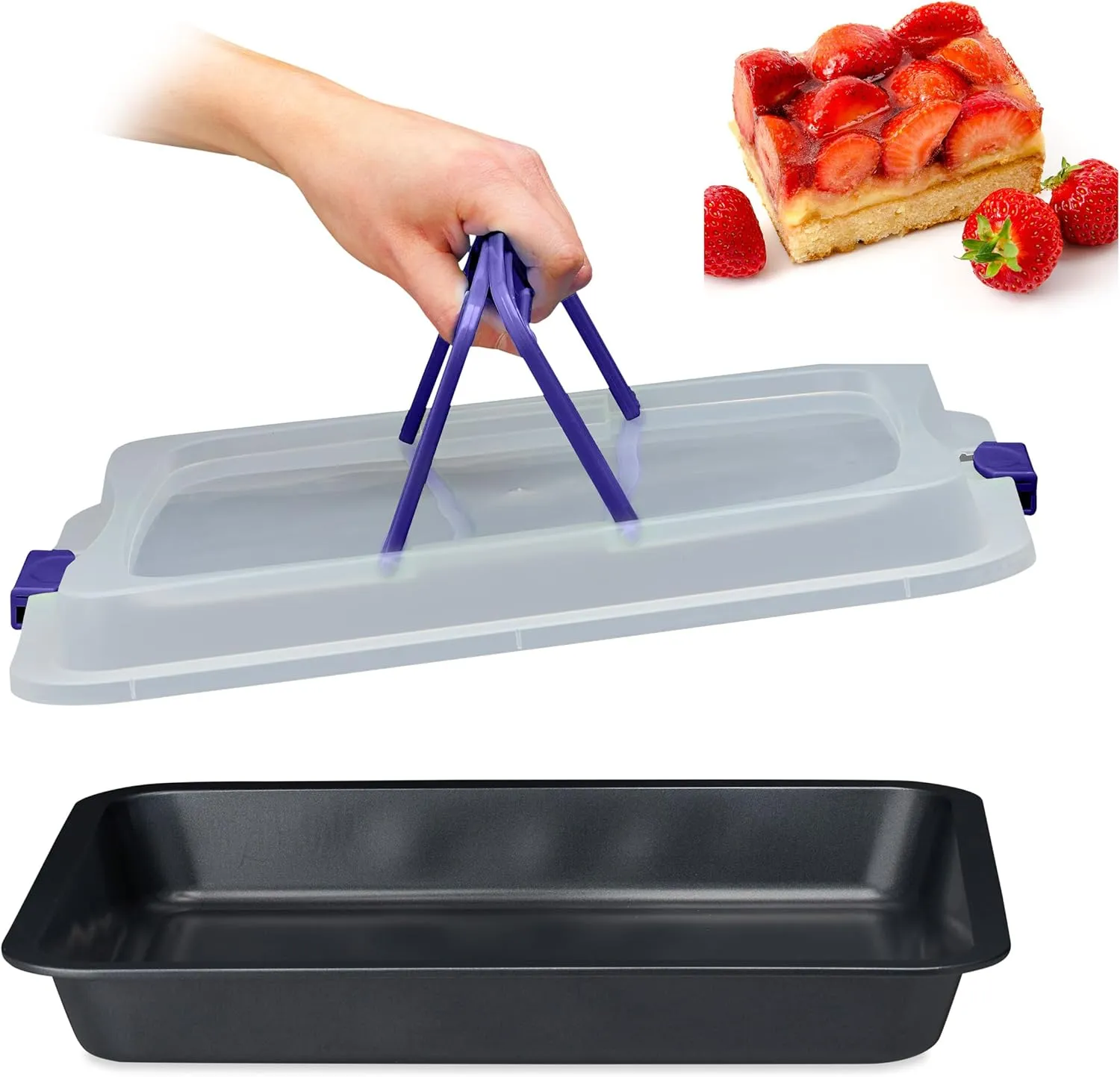 Bild von Relaxdays 3 in 1 Kuchen Transportbox mit Deckel in Schwarz und Blau, 40,5 x 32,5 cm