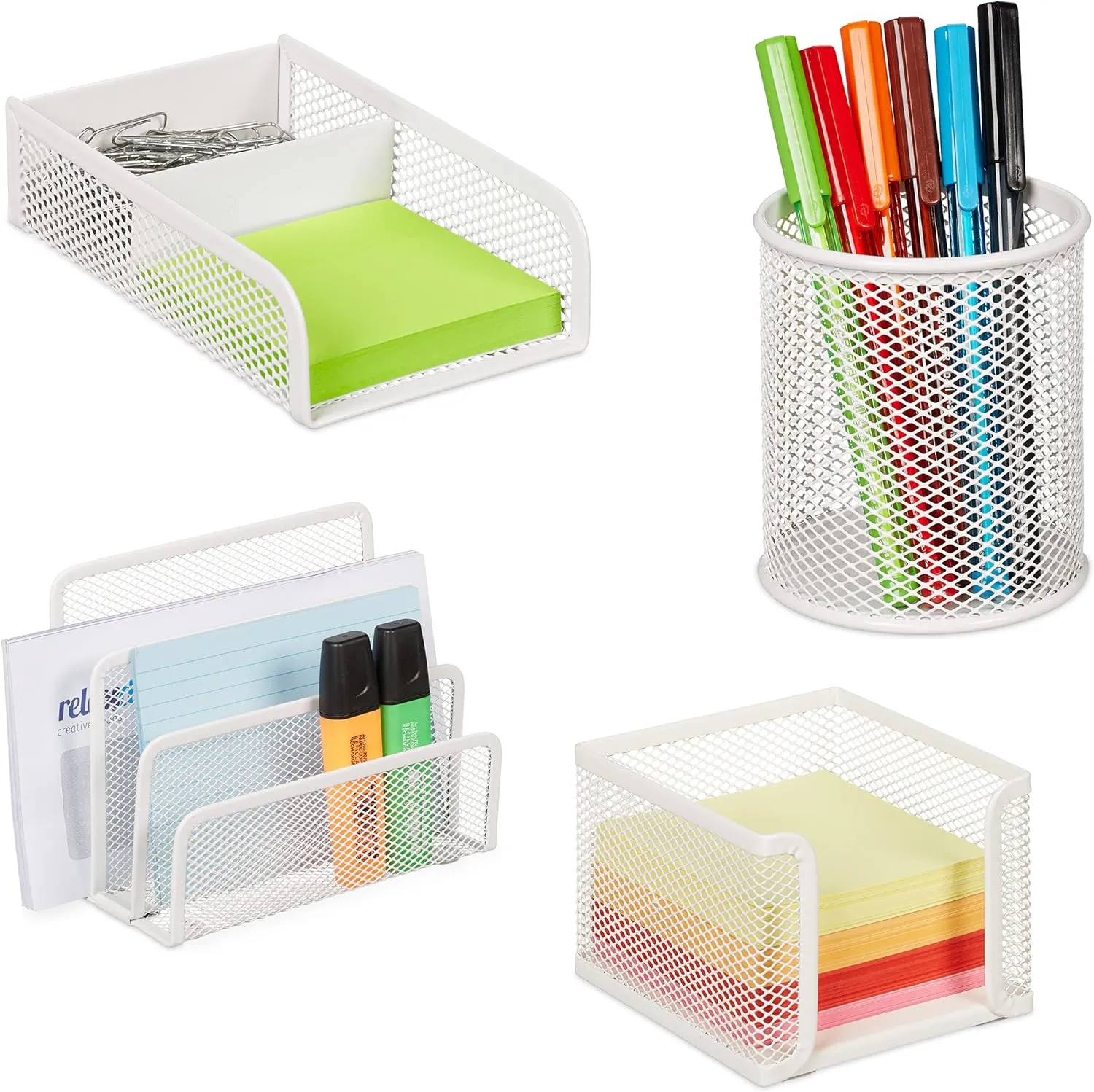 Bild von Relaxdays 4-teiliges Schreibtisch Organizer Set aus Metall in Weiß mit Dokumentenhalter, Zettelbox, Büroklammer- und Stiftehalter