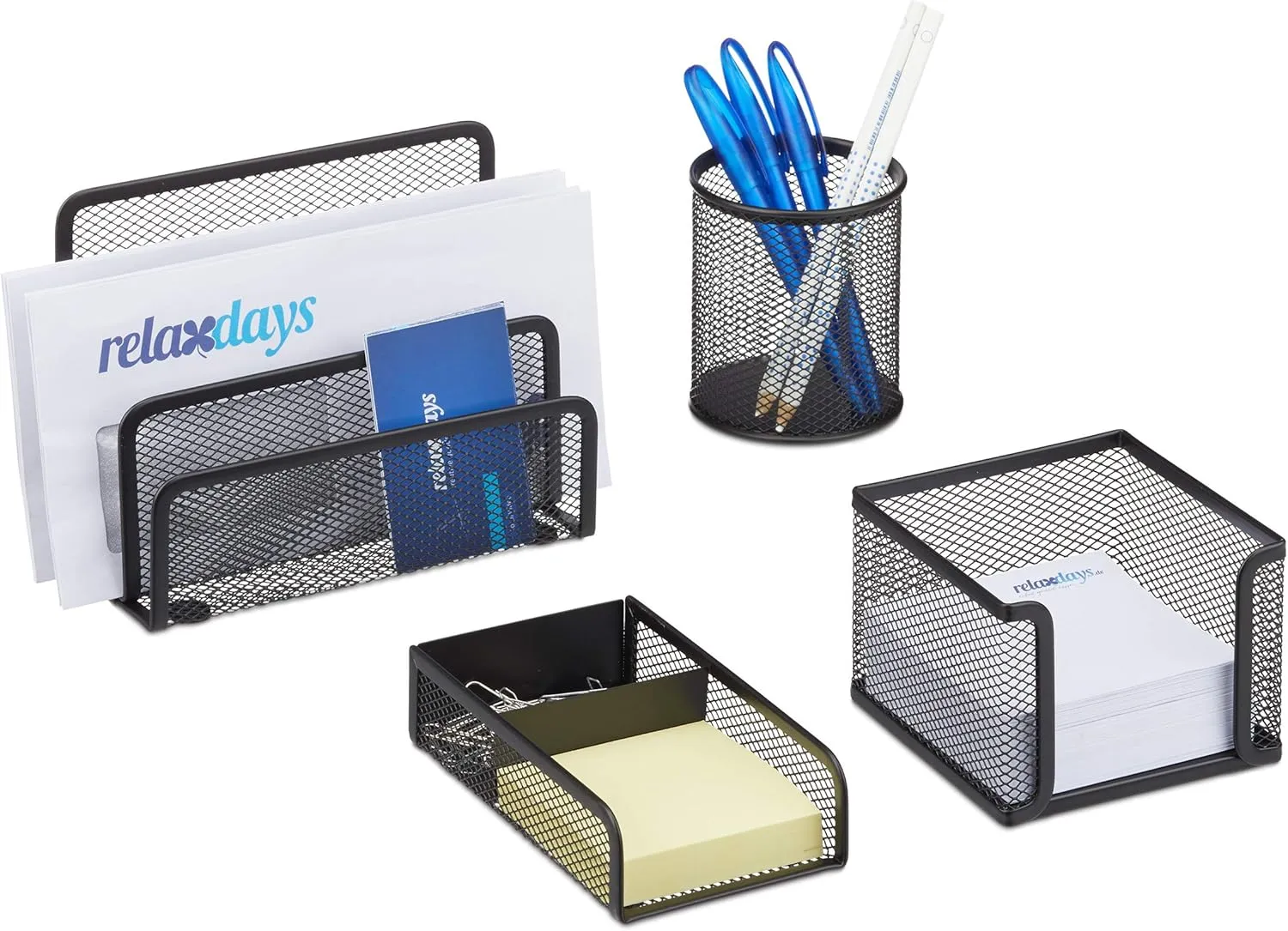 Bild von Relaxdays 4-teiliges Schreibtisch Organizer Set aus schwarzem Mesh Metall mit Briefablage, Stiftehalter und Zettelbox