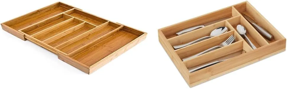 Bild von Relaxdays Bambus Besteckkasten mit 6 Fächern und Schubladeneinsatz in Naturfarbe, Maße 33,5 x 29-48 x 5 cm und 5 x 25,5 x 35,5 cm