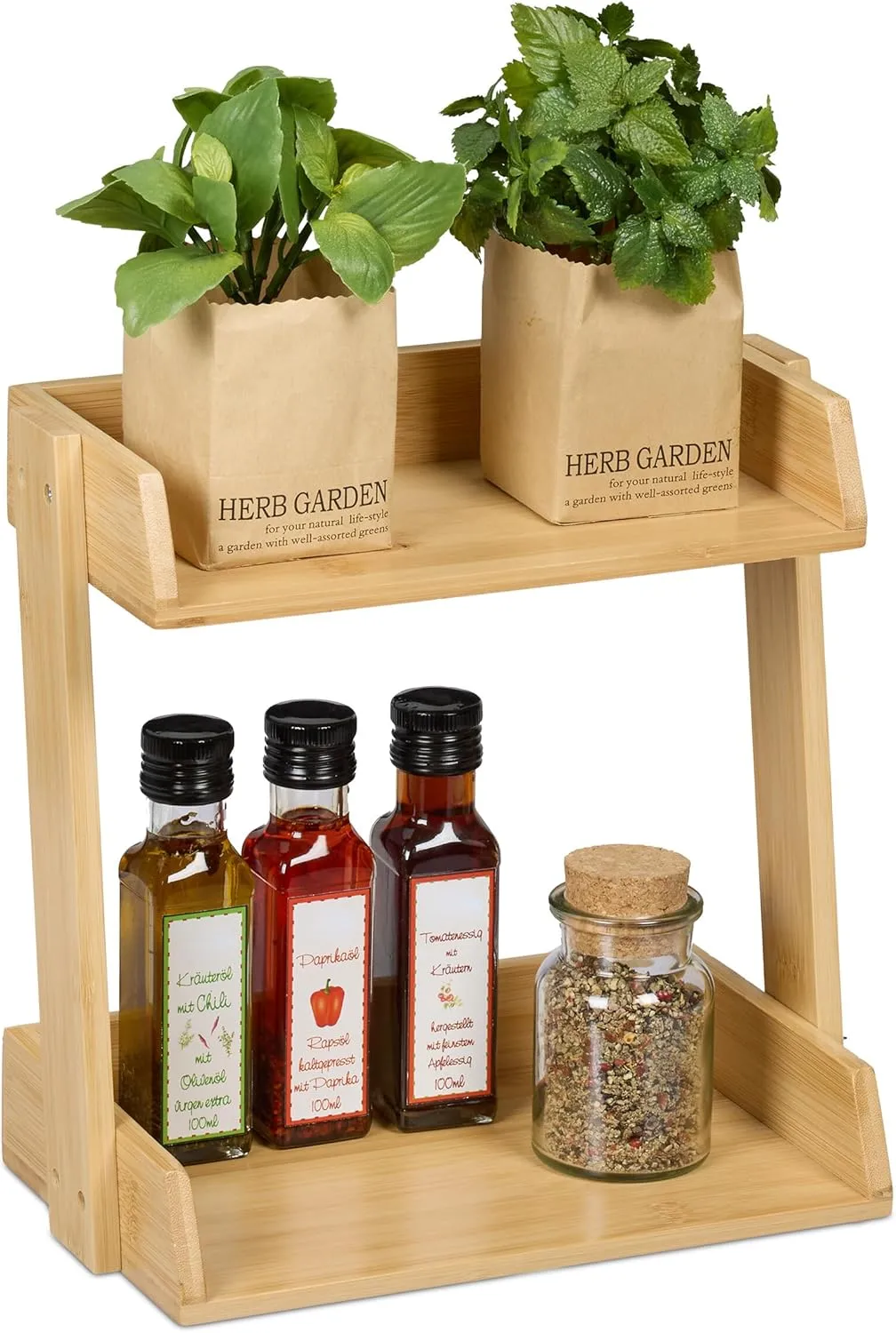 Bild von Relaxdays Gewürzregal aus Bambus mit 2 Ebenen und den Maßen 27 x 27,5 x 16 cm in Naturfarbe