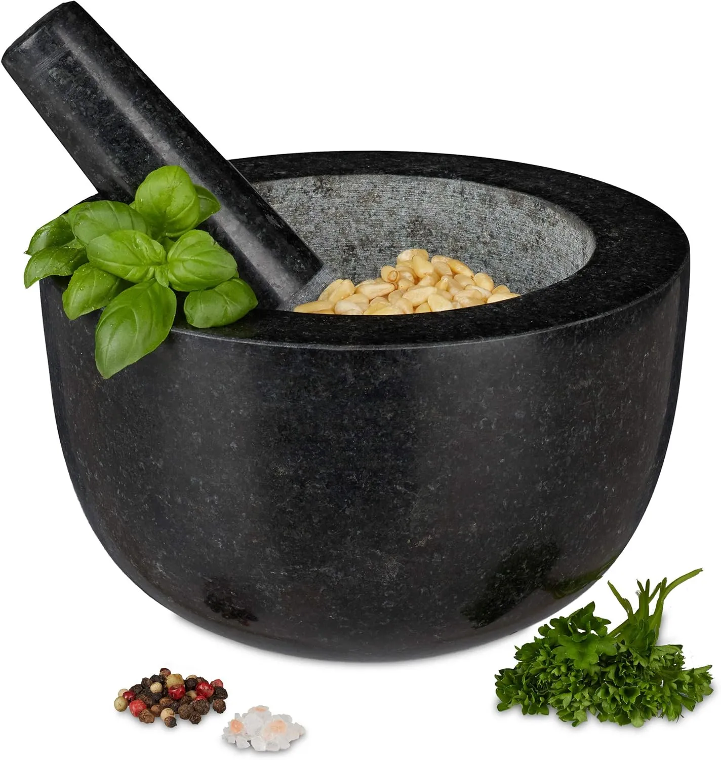 Bild von Relaxdays Granit Mörser mit Stößel, 750 ml, Durchmesser 20 cm, dunkelgrau