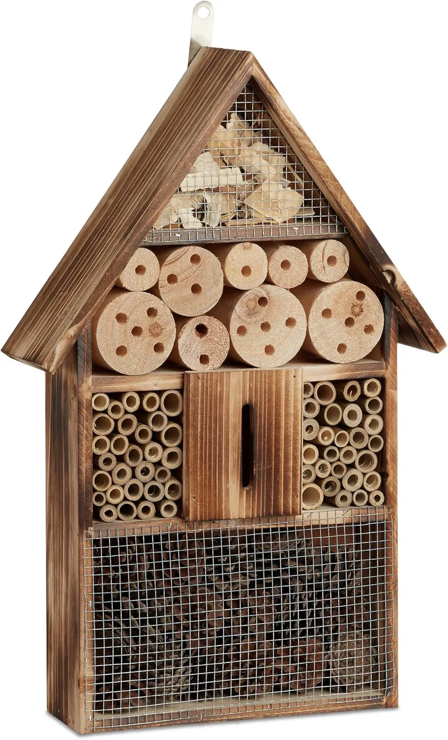 Bild von Relaxdays Insektenhotel aus geflammtem Holz mit einer Höhe von 50 cm, zum Aufhängen, ideal für Bienen und Schmetterlinge