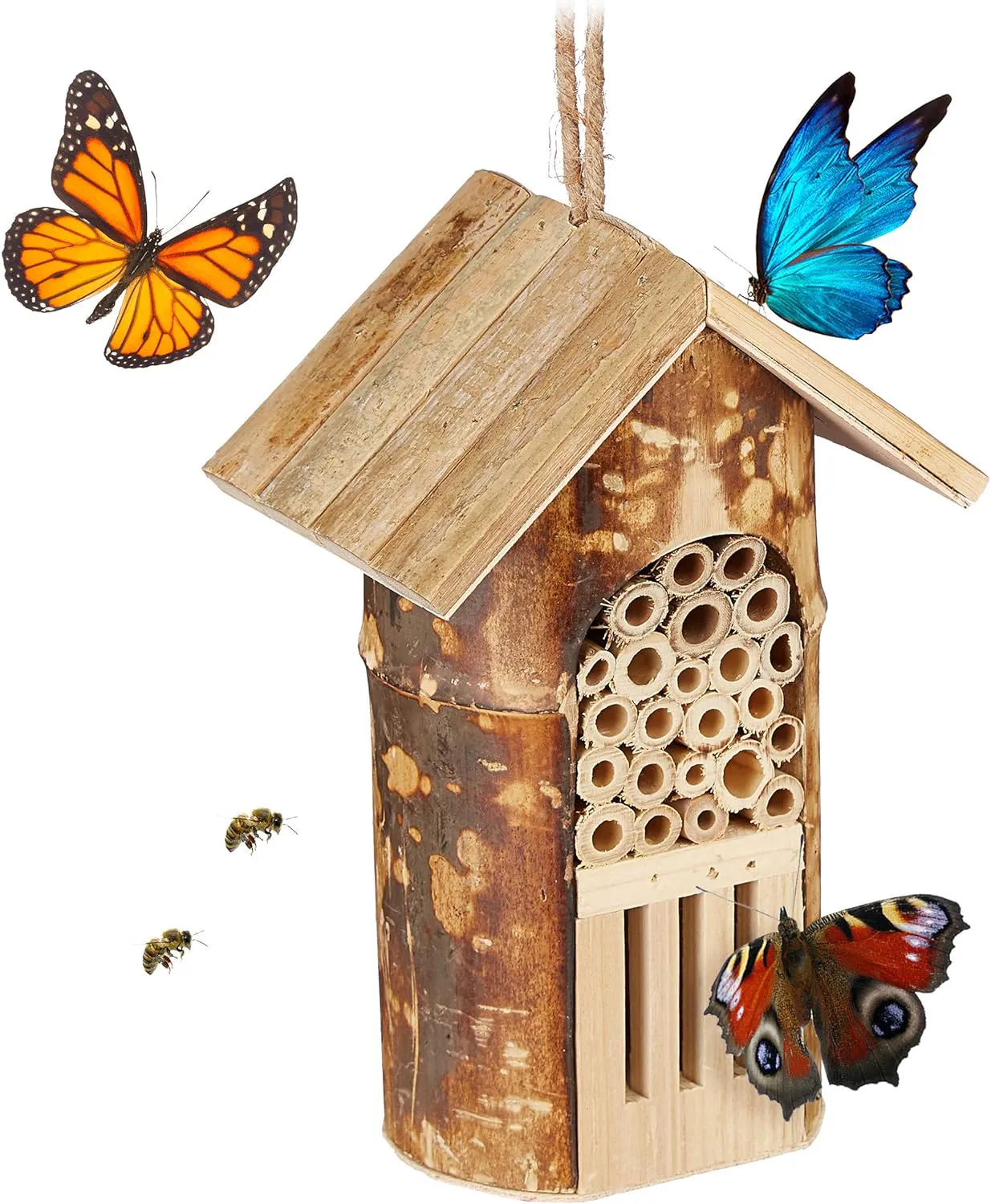 Bild von Relaxdays Insektenhotel für Wildbienen und Schmetterlinge, hängend oder stehend, Maße 20 x 13,5 x 10 cm, aus Naturmaterialien