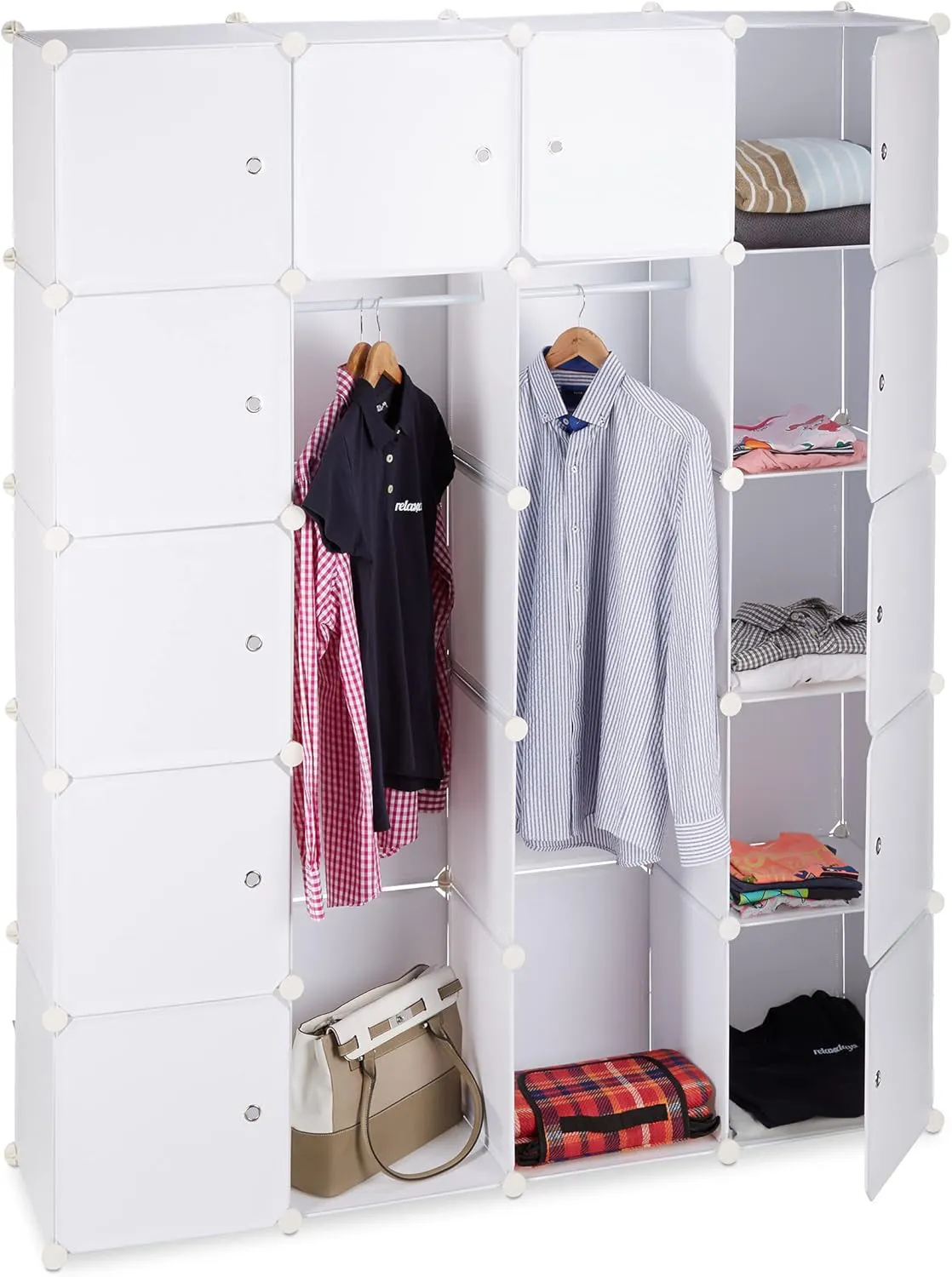 Bild von Relaxdays Kleiderschrank mit Stecksystem, 2 Kleiderstangen und 14 Fächern in Weiß