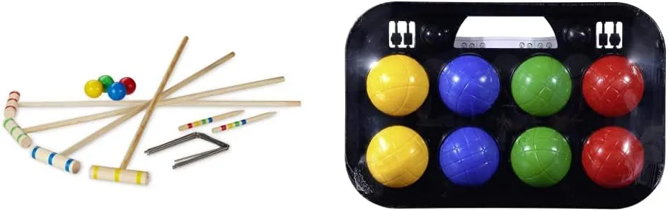 Bild von Relaxdays Krocket Spielset für 4 Spieler aus Holz mit Tragetasche und Simba Boccia Spielkorb mit 8 Kugeln und 2 Zielkugeln