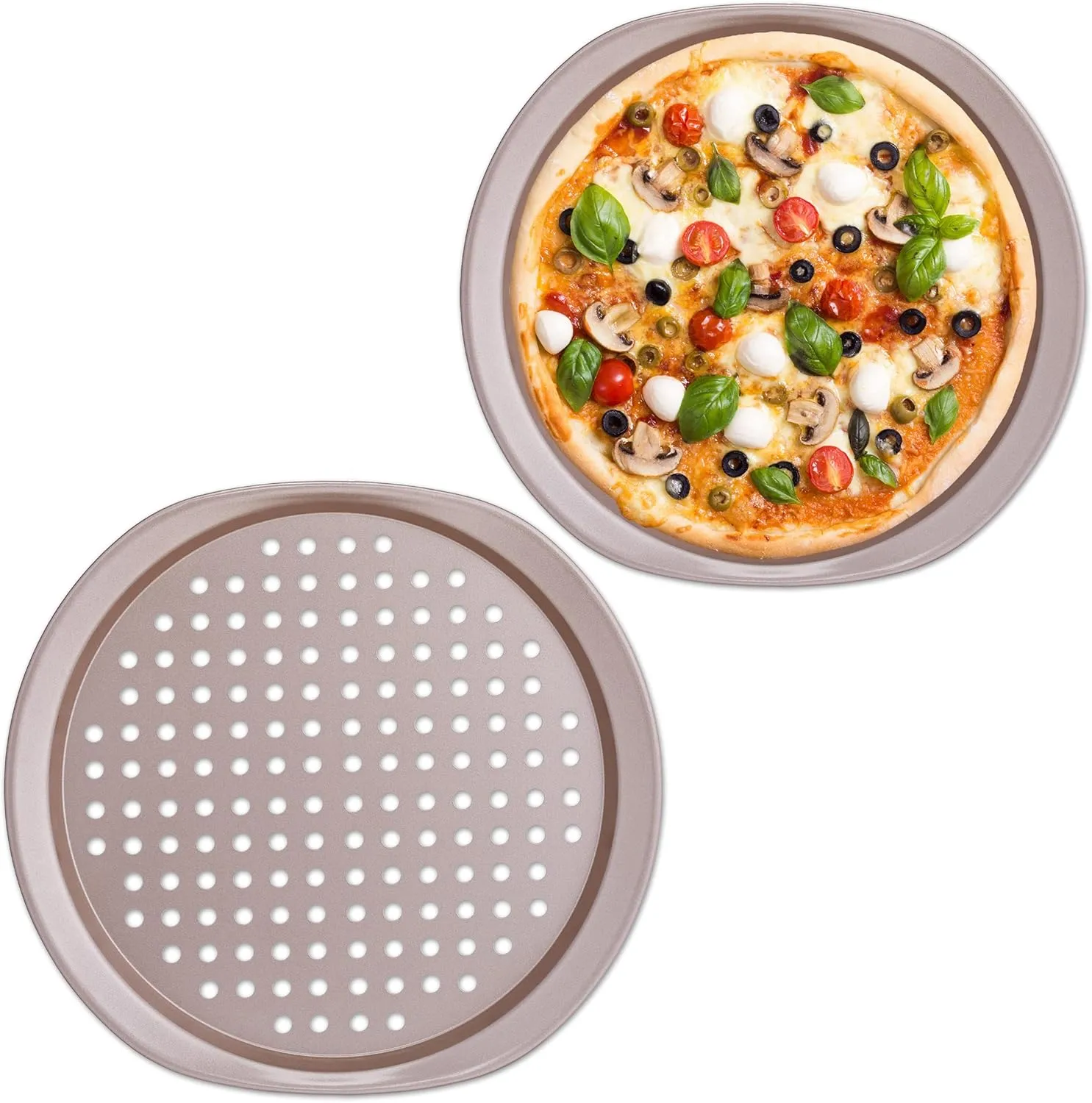Bild von Relaxdays Pizzablech Set mit 2 Teilen, Durchmesser 29,5 cm, aus Stahl mit Löchern und Griffen für knusprige Pizza und Flammkuchen