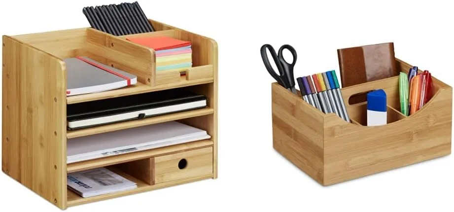 Bild von Relaxdays Schreibtisch Organizer Set mit A4 Briefablage und Bambus Stifteköcher, 26 x 33 x 24 cm und 12 x 25 x 18 cm