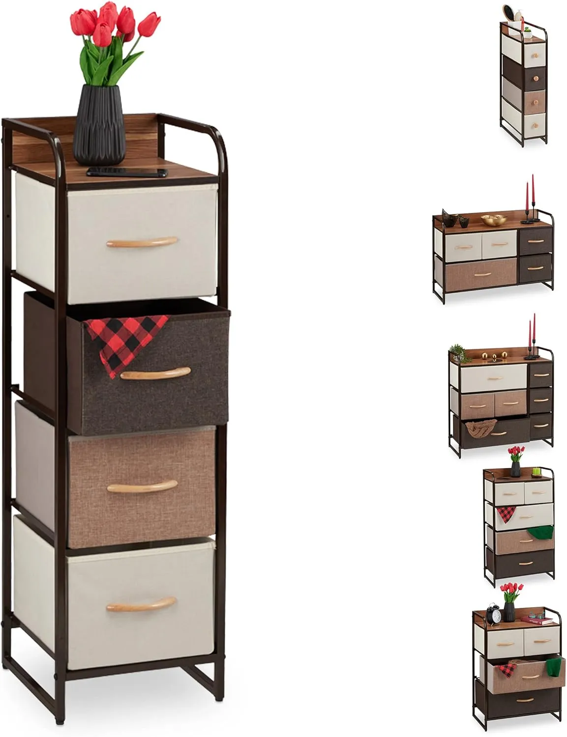 Bild von Relaxdays Schubladenschrank mit 4 Stofffächern in Braun, Maße 99,5 x 31 x 31,5 cm