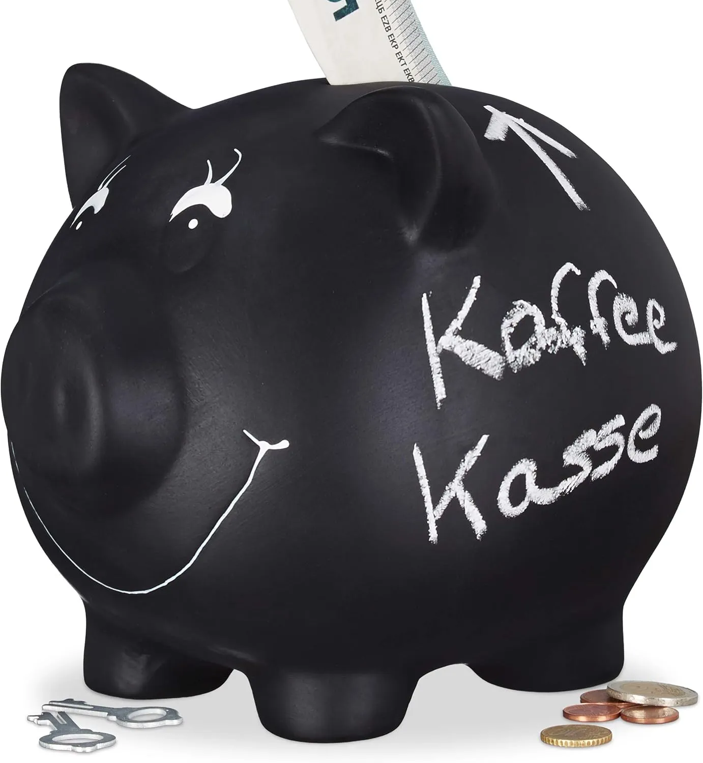 Bild von Relaxdays Sparschwein aus Keramik in Schwarz, beschriftbar mit Kreide, ideal für Hochzeiten, Geburtstage und Taufen, Maße 14 x 17 x 13 cm