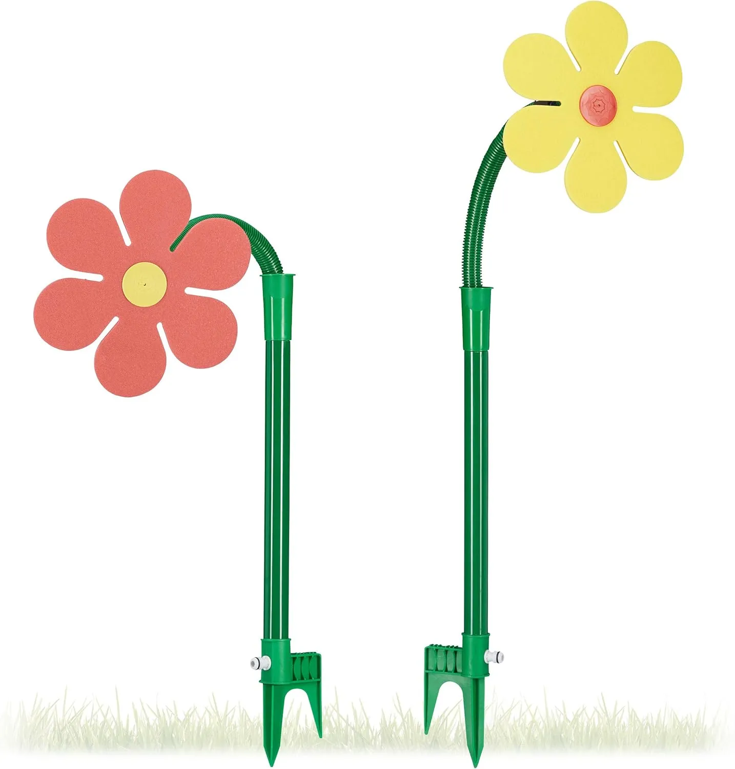 Bild von Relaxdays Sprinkler Blume 2er Set für Kinder mit 6 m Reichweite und 360 Grad Spritzfunktion, Maße 105 x 28 x 28 cm in rot und gelb