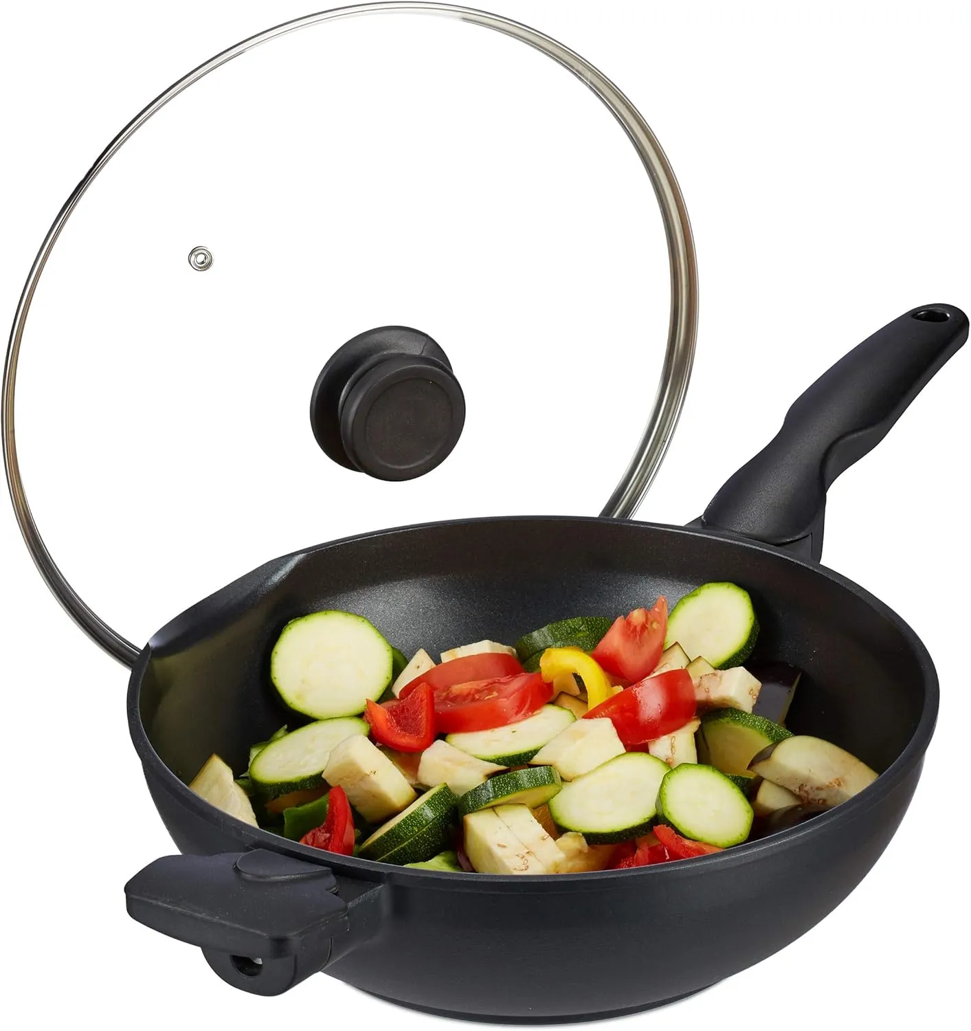 Bild von Relaxdays Wok Pfanne mit 30 cm Durchmesser, Glasdeckel, Antihaftbeschichtung und 4 Litern Volumen, geeignet für Induktion und alle Herdarten, in schwarz