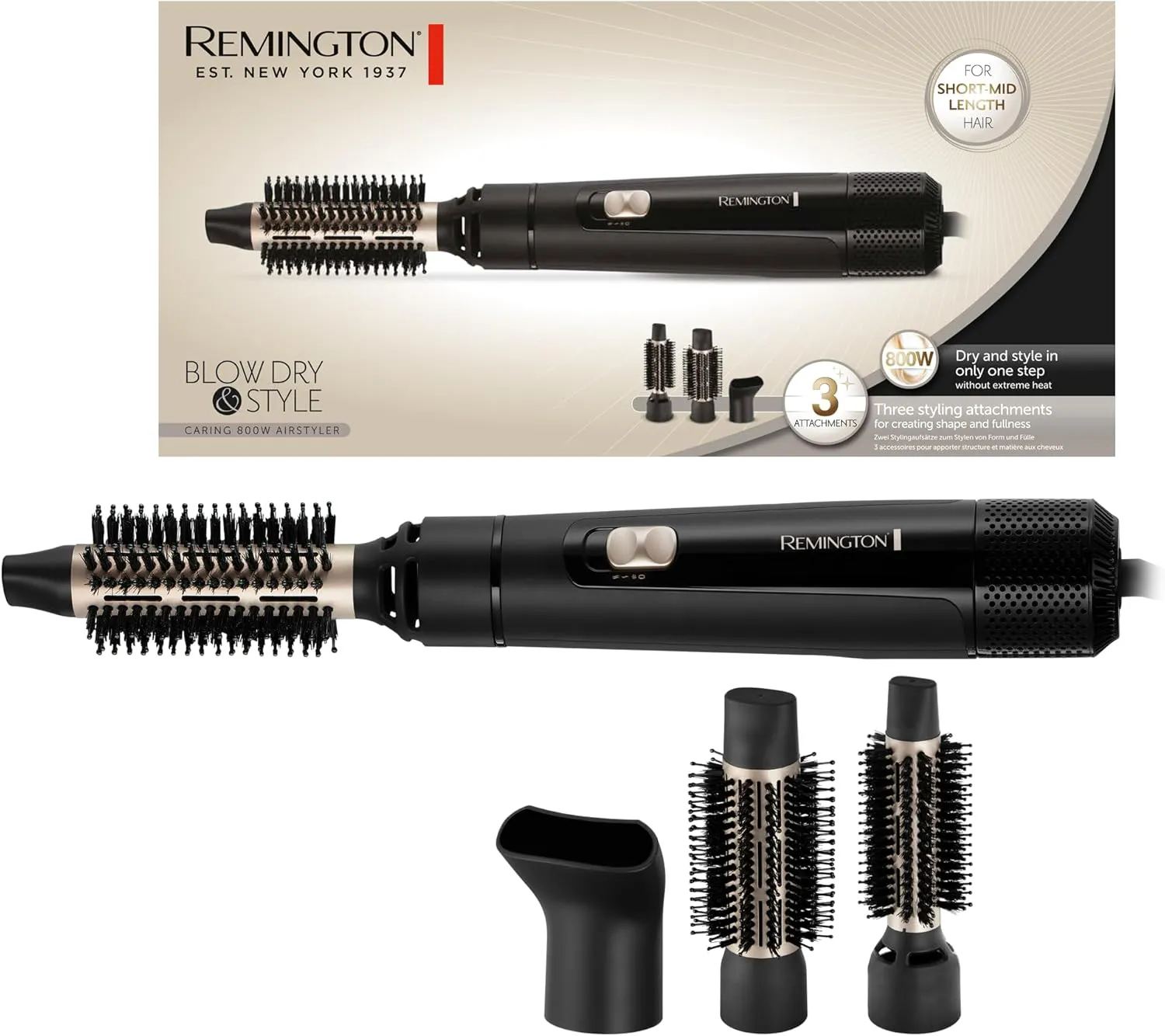 Bild von Remington Airstyler AS7300 Warmluftbürste mit 3 Aufsätzen für 25 mm und 38 mm Rundbürste sowie Stylingdüse, 2 Heiz- und Gebläsestufen für Form und Fülle bei kurzem und mittellangem Haar