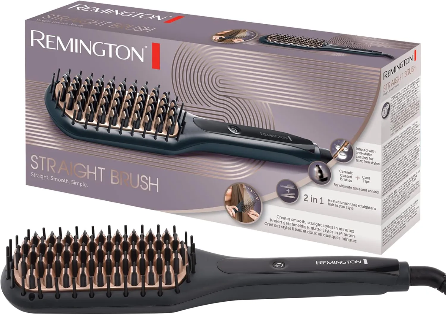 Bild von Remington CB7400 2in1 Glättbürste und Glätteisen mit Keramikbeschichtung, antistatischen Borsten und digitalem Display, temperaturverstellbar von 150 bis 230 Grad, in Schwarz