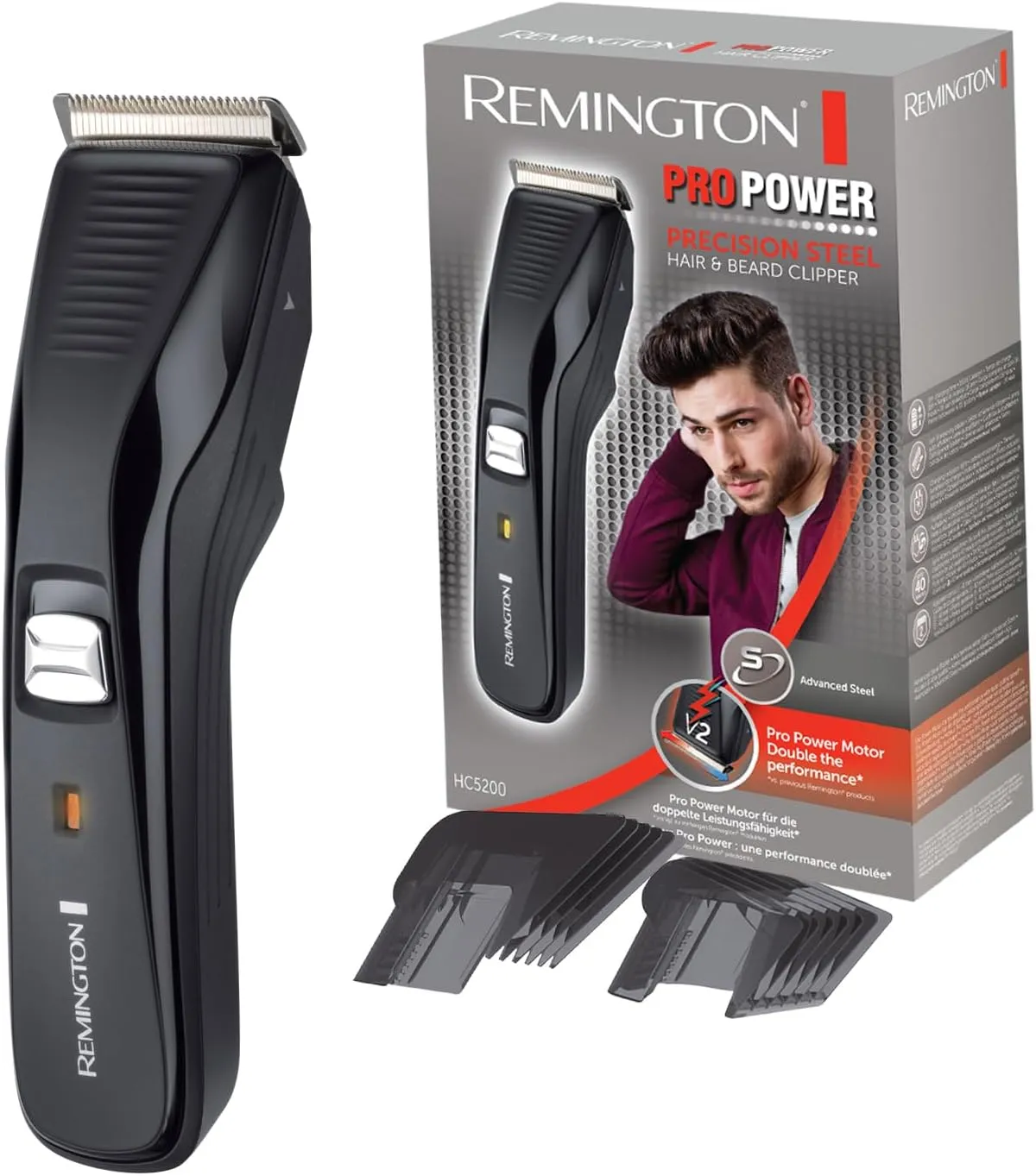 Bild von Remington HC5200 Haarschneidemaschine mit Edelstahlklingen und ProPower Motor, inklusive zwei Aufsteckkämmen und Netz- sowie Akkubetrieb