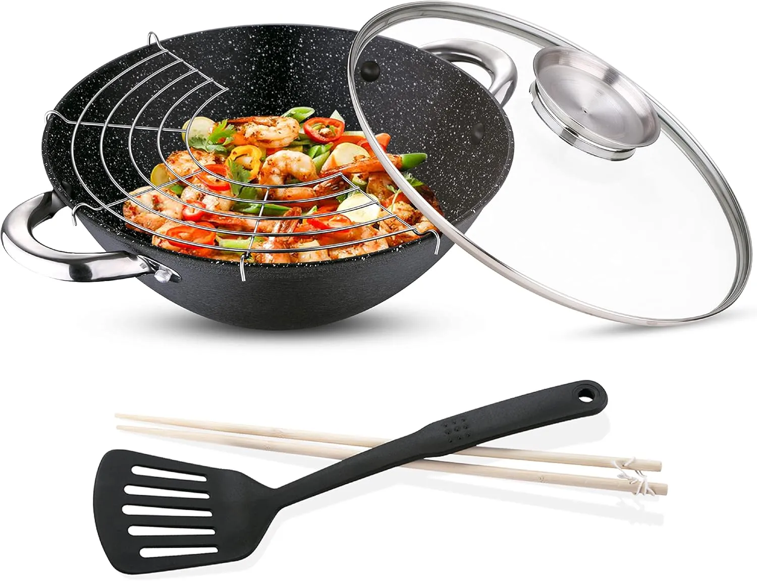 Bild von Renberg Wasabi Wokpfanne aus Gusseisen mit 28 cm Durchmesser, Marmorbeschichtung, Glasdeckel, Nylonspatel, Bambus-Essstäbchen und 3,6 Litern Volumen für alle Herdarten