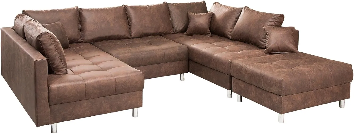 Bild von Riess Ambiente XXL Sofa Kent in Braun mit Hocker und Kissen, 303 cm, Schlafsofa mit Schlaffunktion